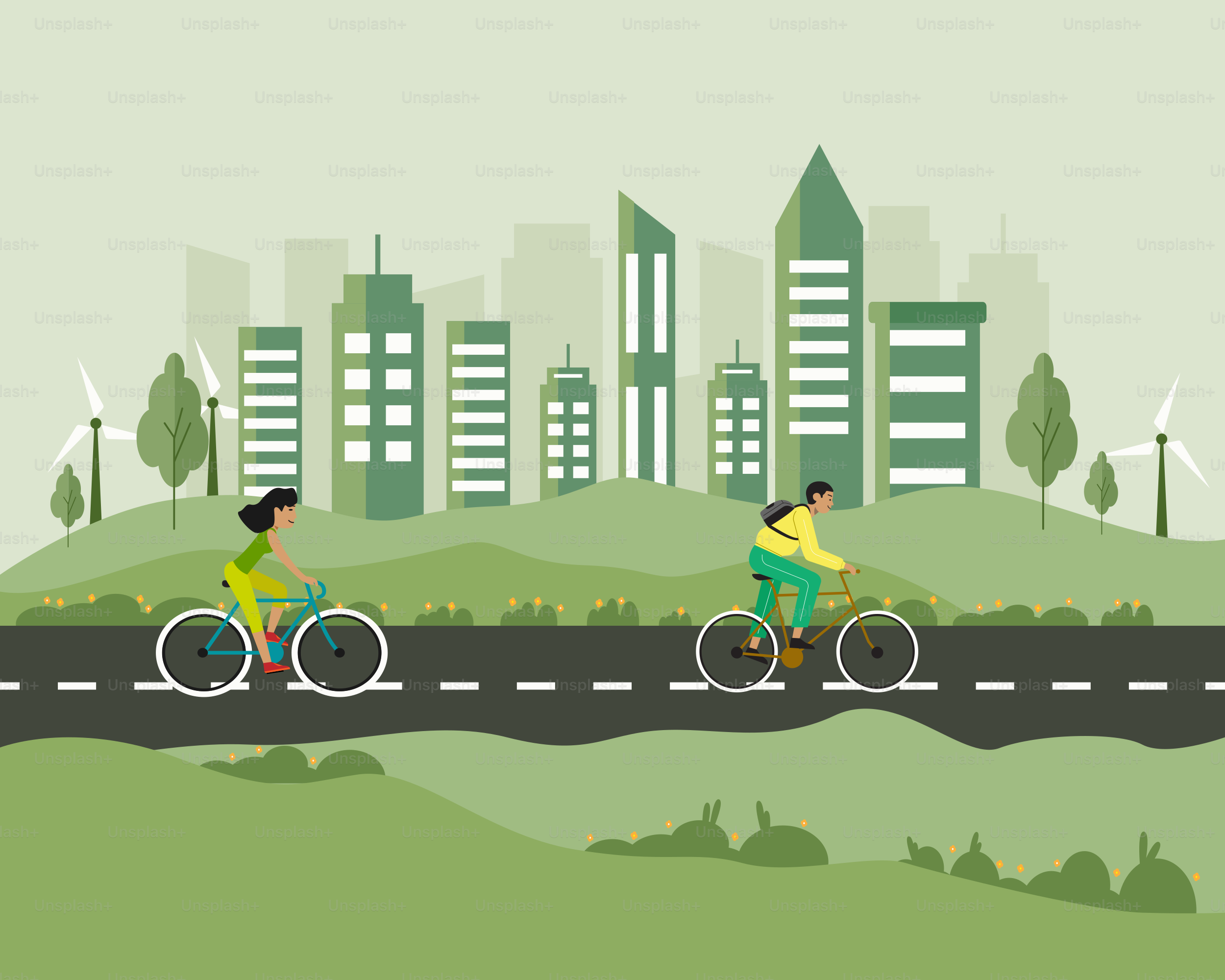 A couple of people riding bikes down a road