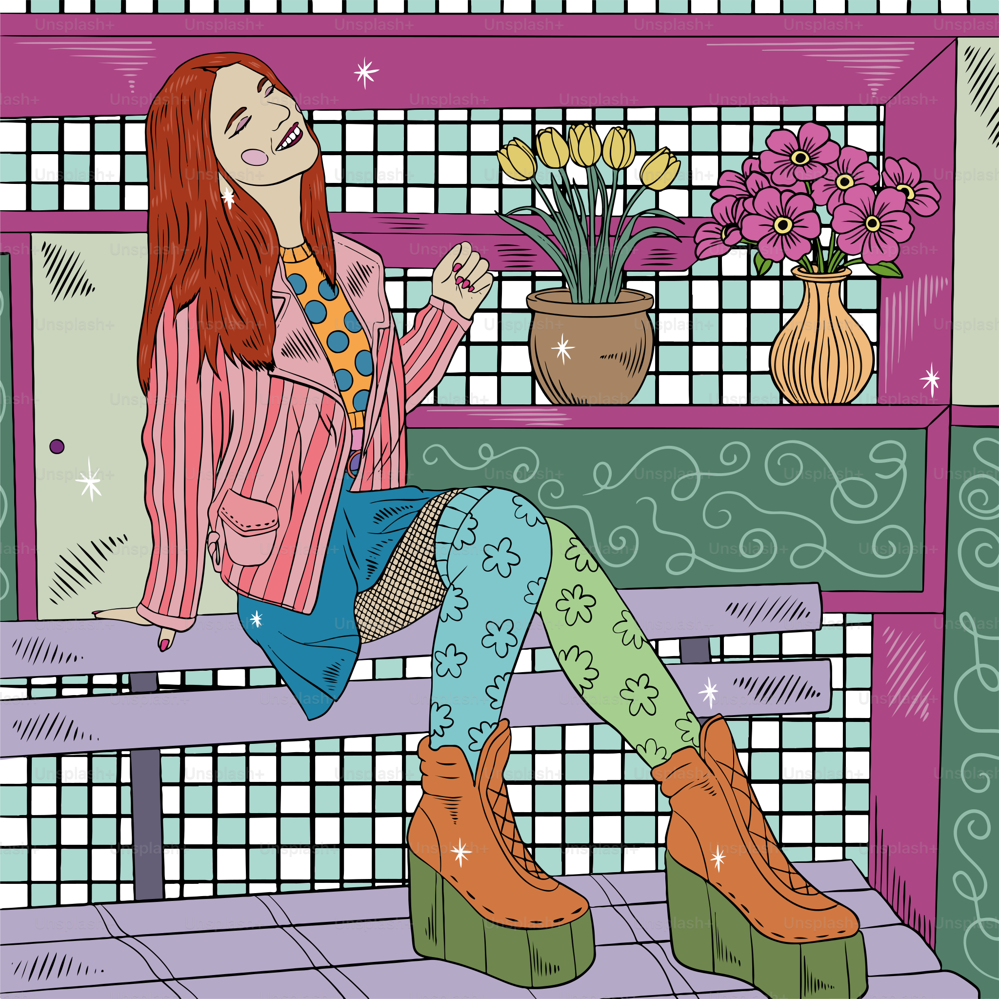 A painting of a woman sitting on a bench