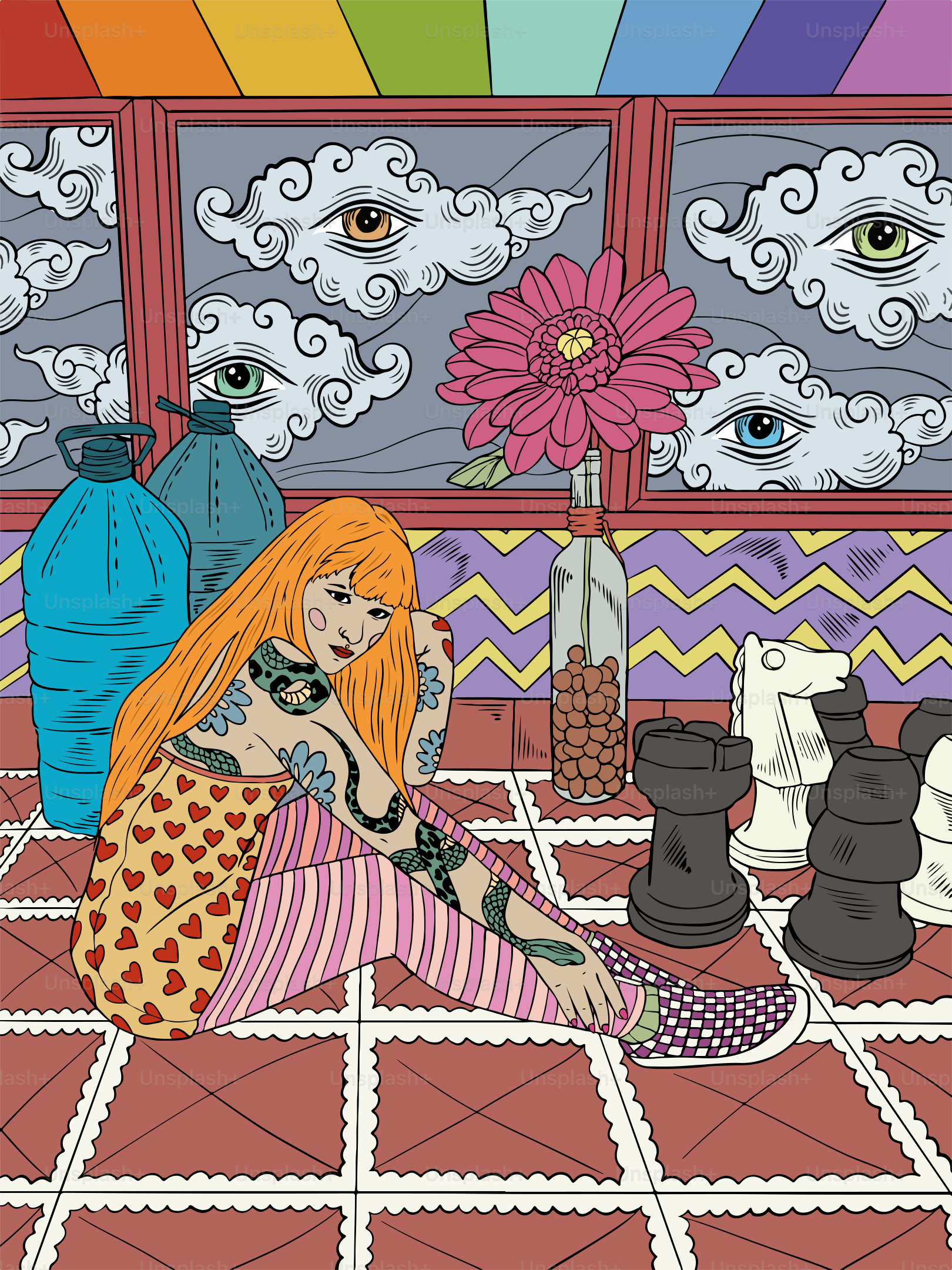 A drawing of a woman sitting on the floor next to chess pieces