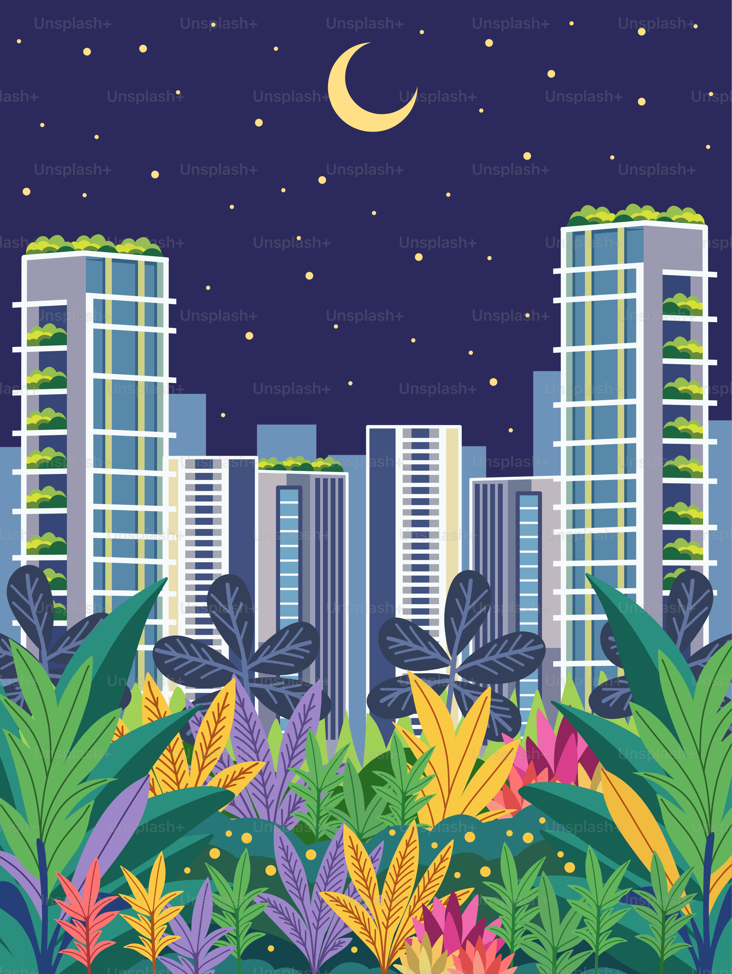 A city at night with a full moon in the sky