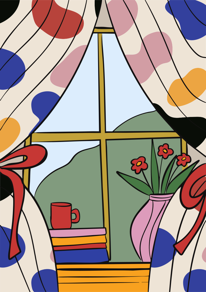 A drawing of a window with a vase of flowers