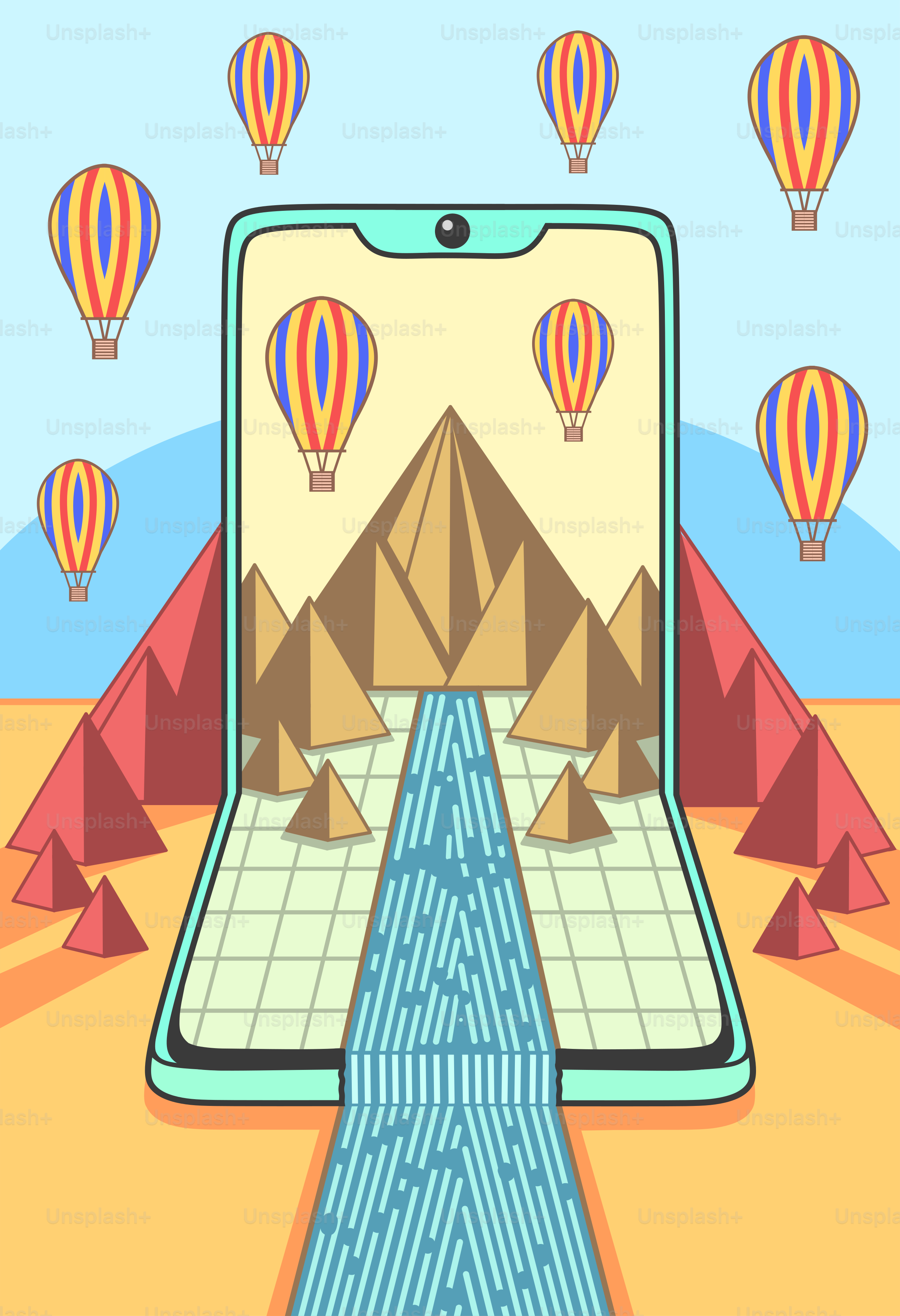 A cell phone with an image of a river running through it