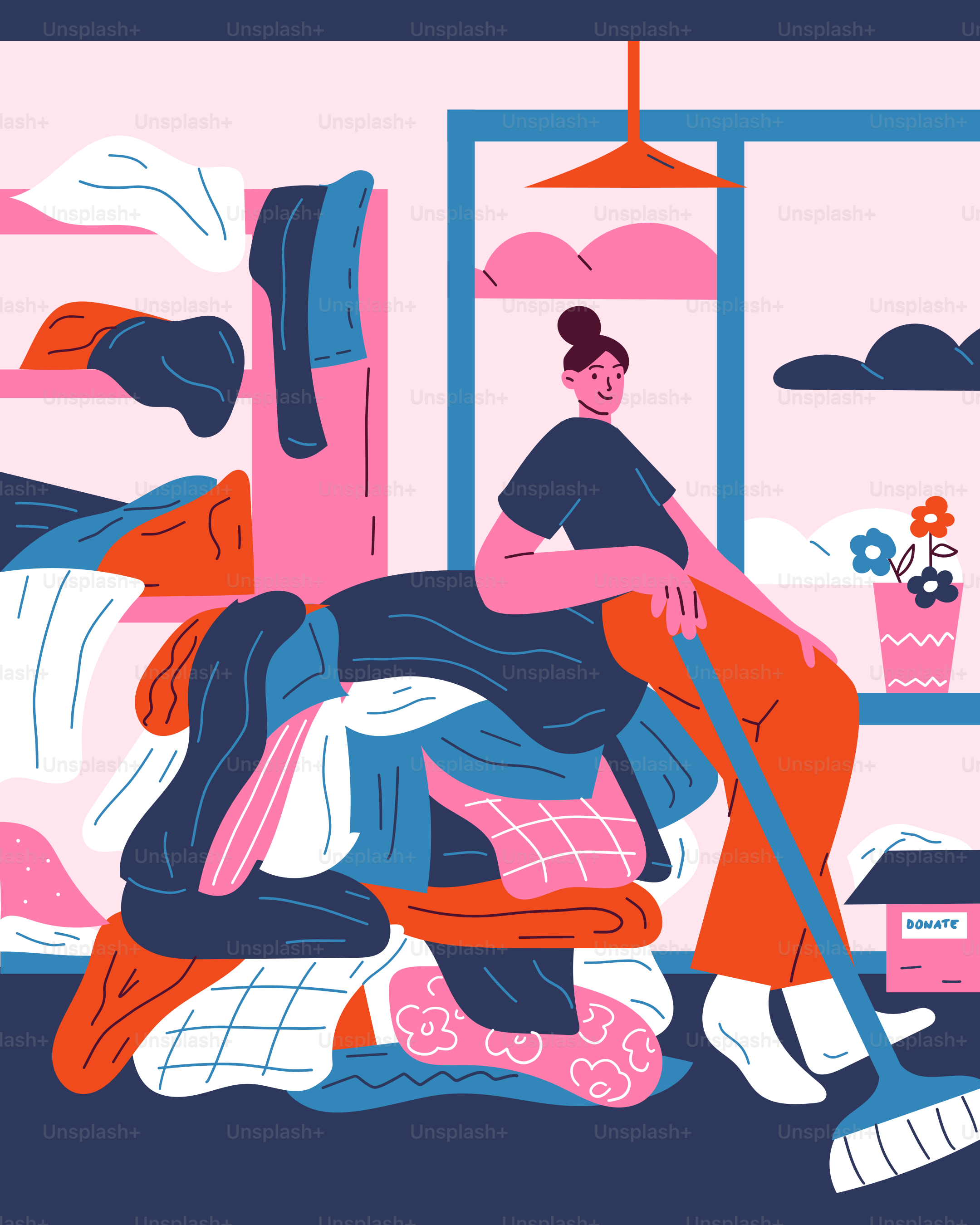 A woman is cleaning a room with a broom