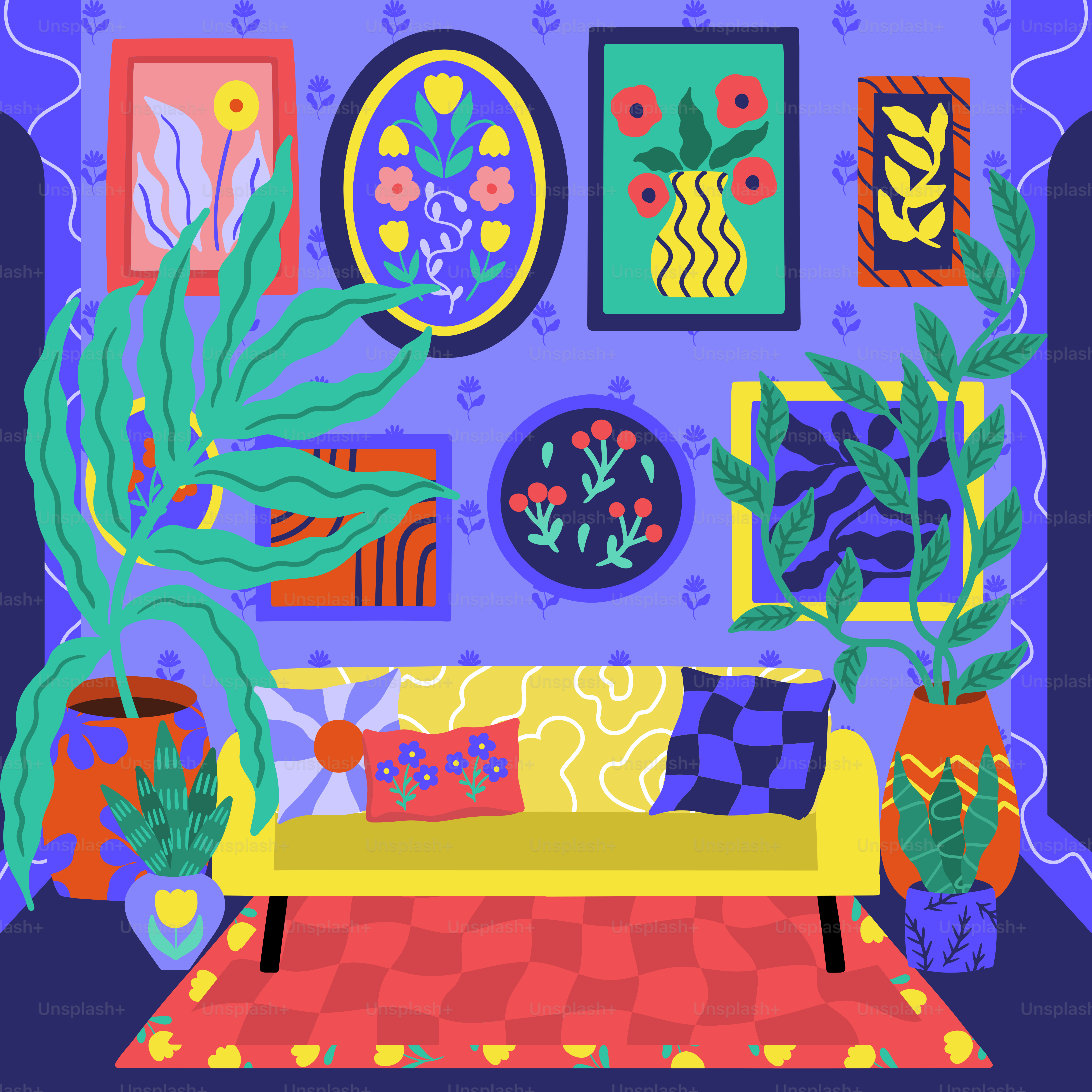 Un salón con un sofá y una alfombra