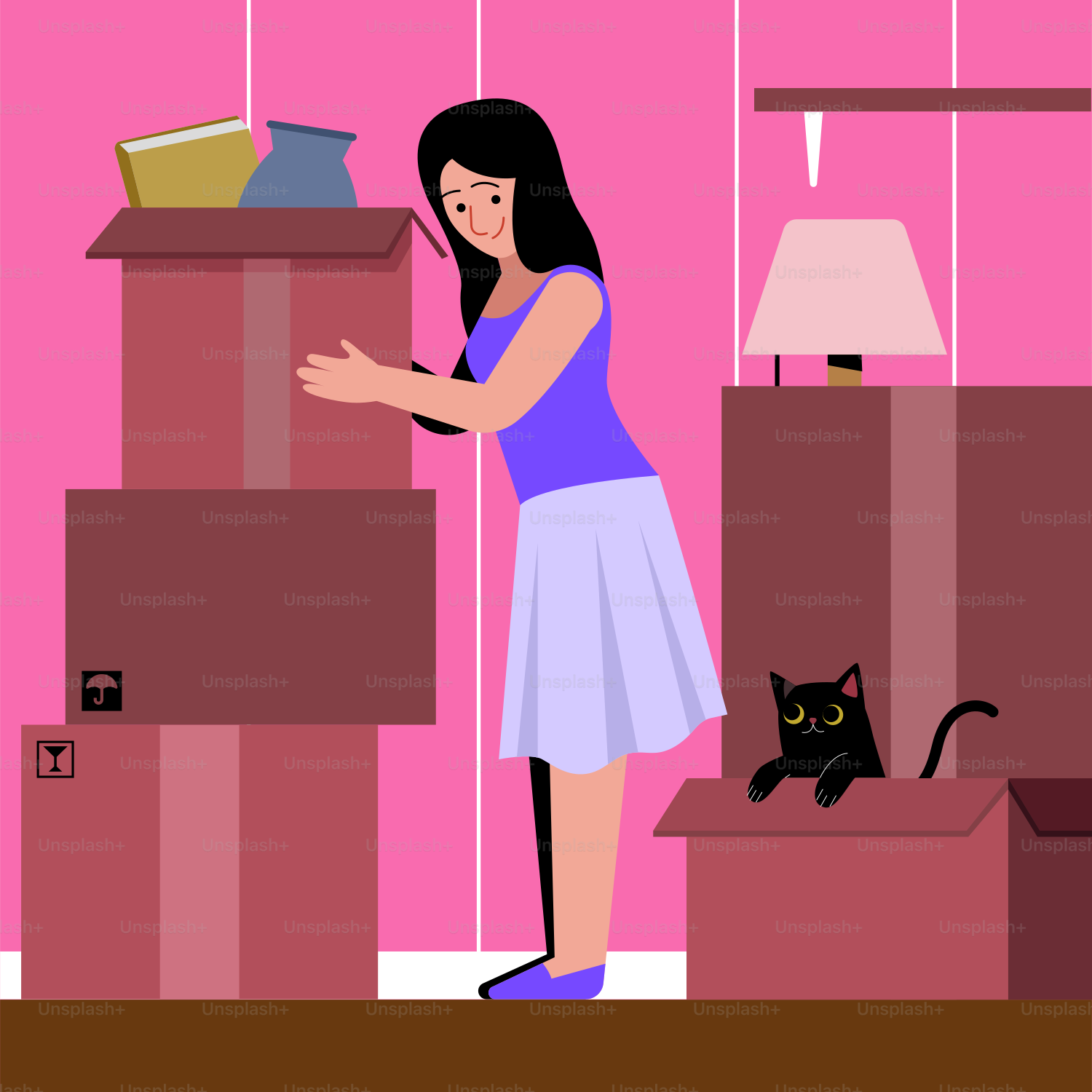 A woman standing in front of a stack of boxes