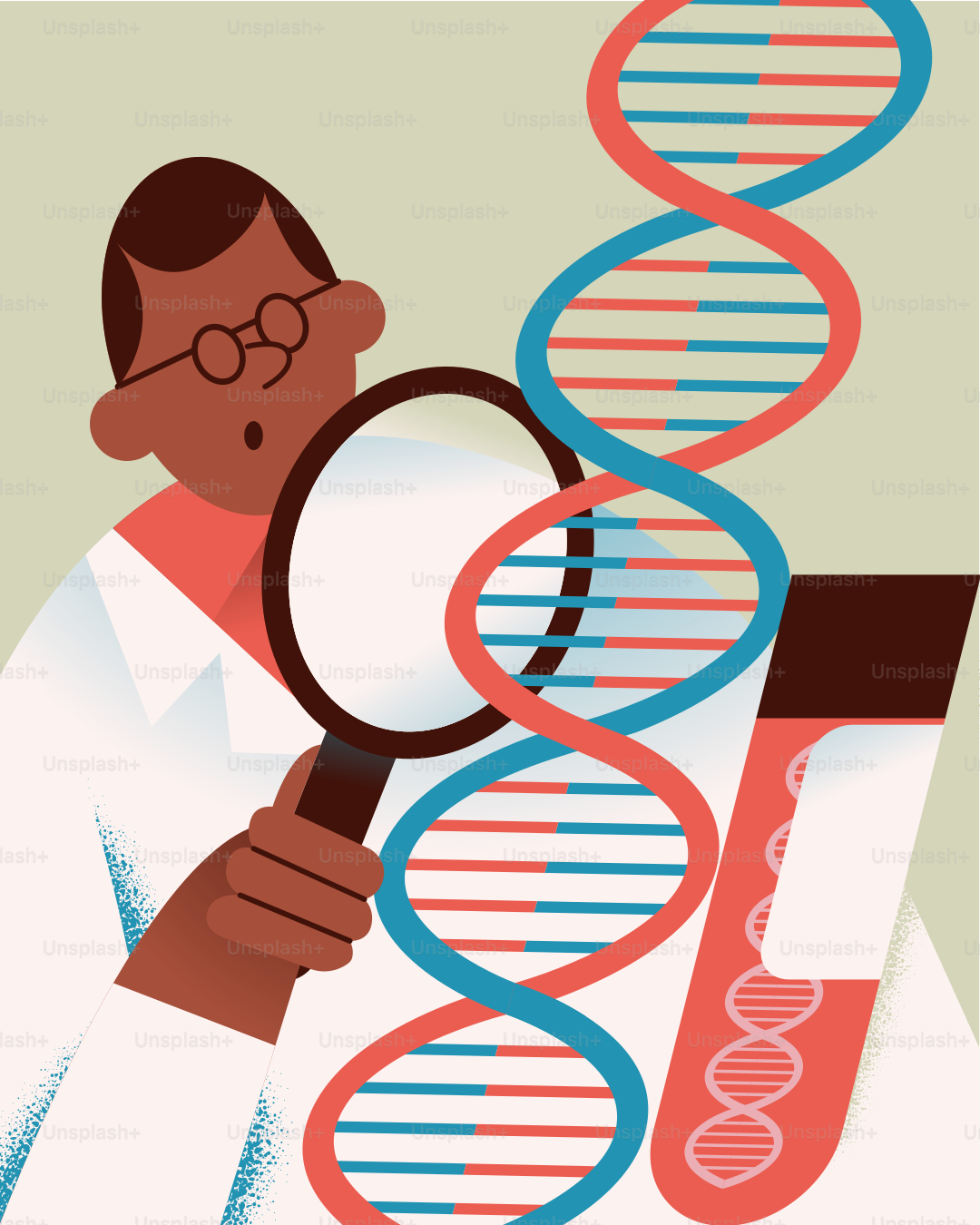 Ein Mann, der eine Lupe vor einem doppelten Strang hält