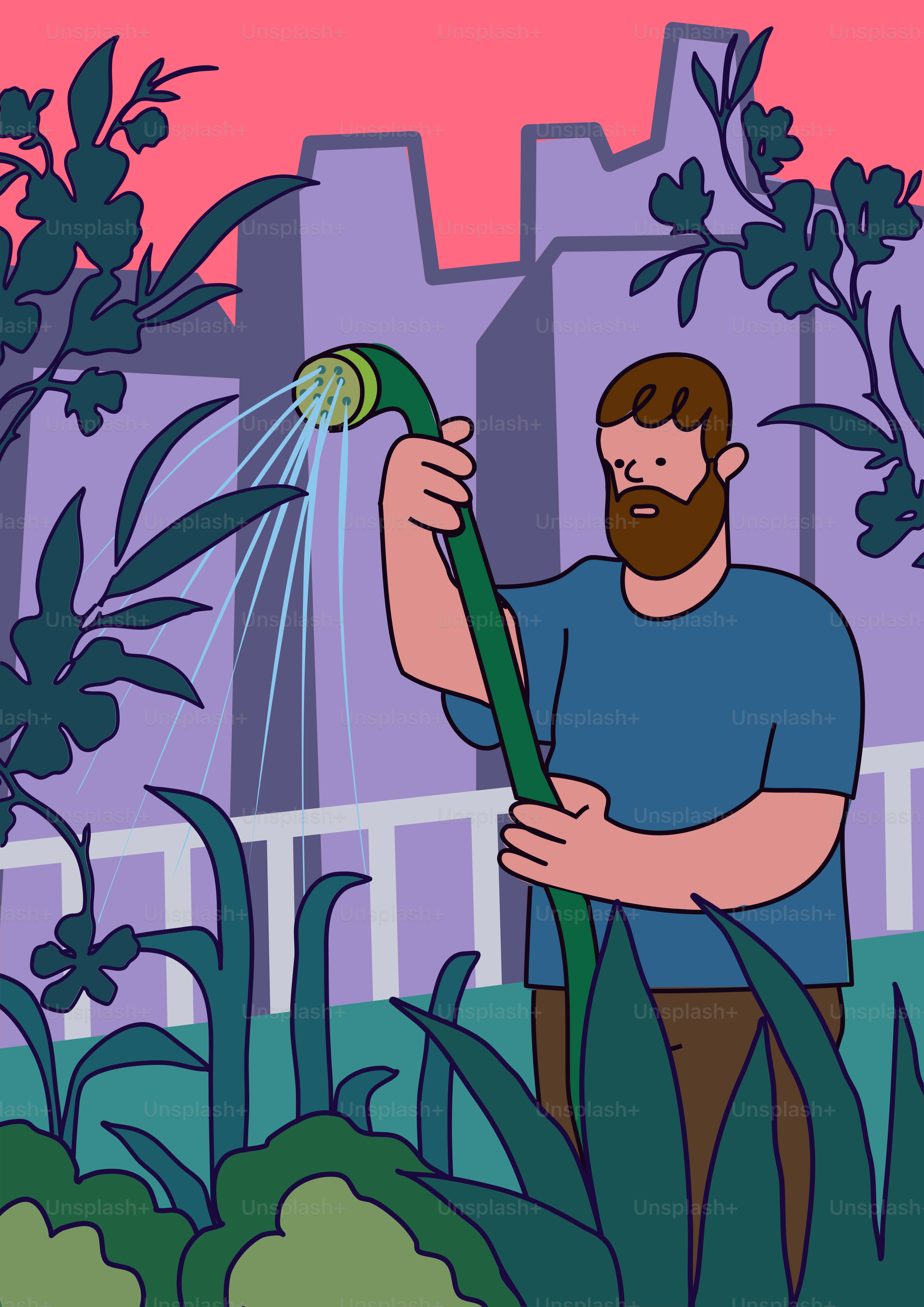 Ein Mann bewässert seinen Garten mit einem grünen Schlauch