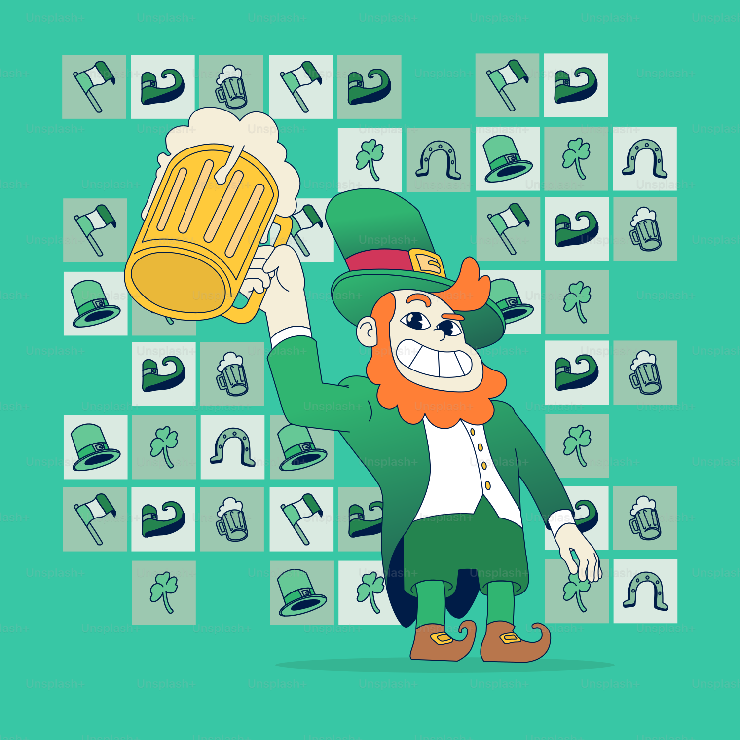 A cartoon leprezi character holding a mug of beer