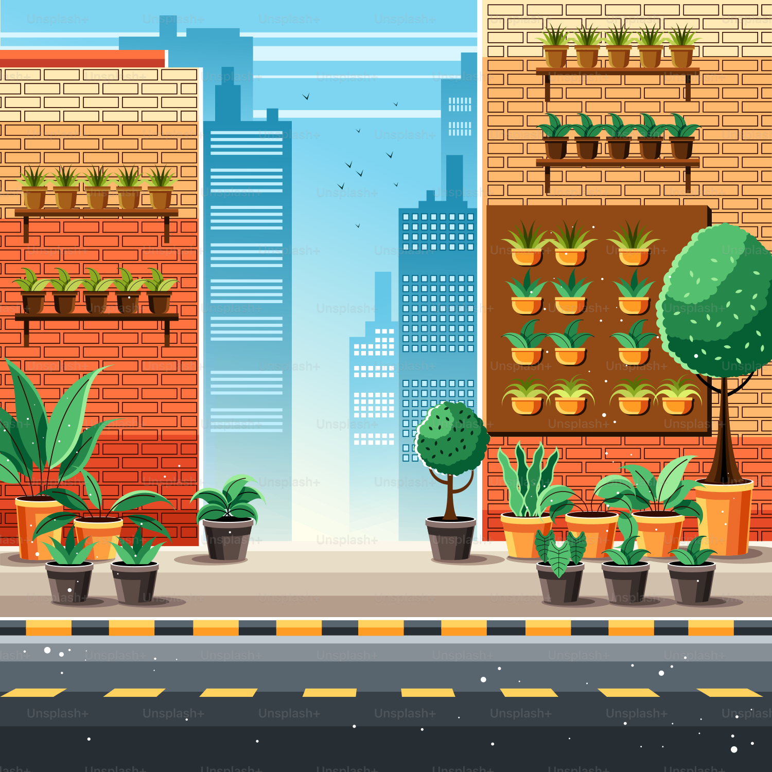 A street scene with potted plants and buildings
