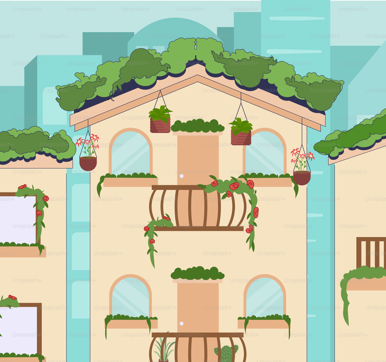 A tall building with plants on the balconies