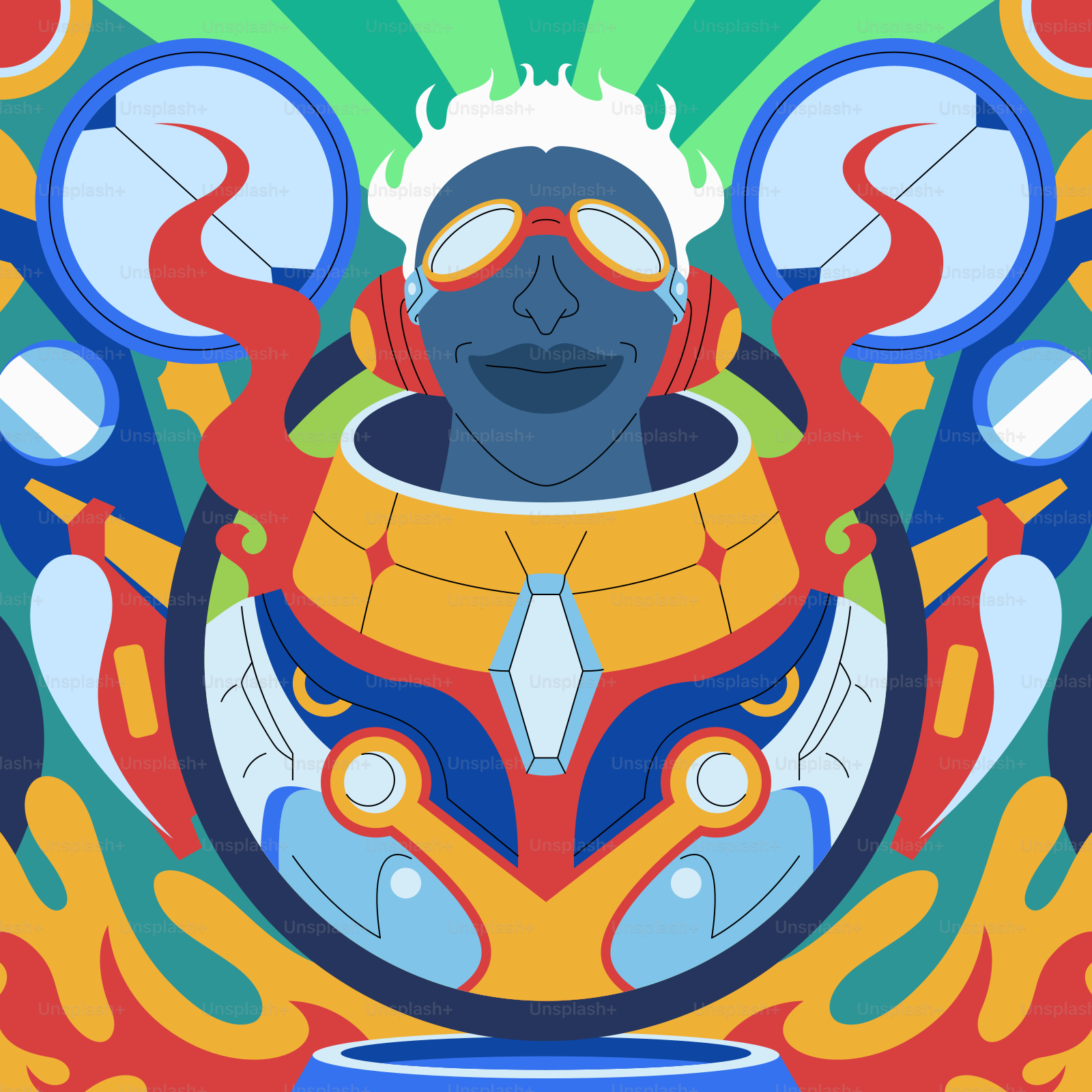 A painting of a man with a helmet and goggles