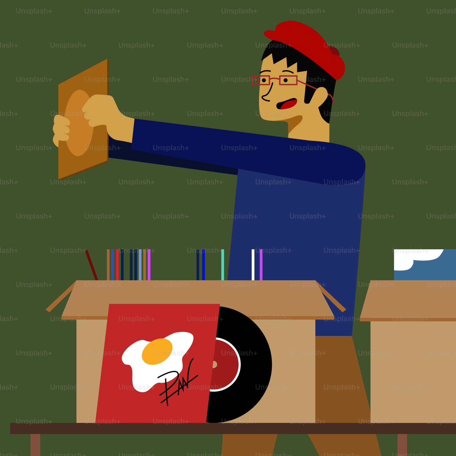 A man holding a record in front of a desk