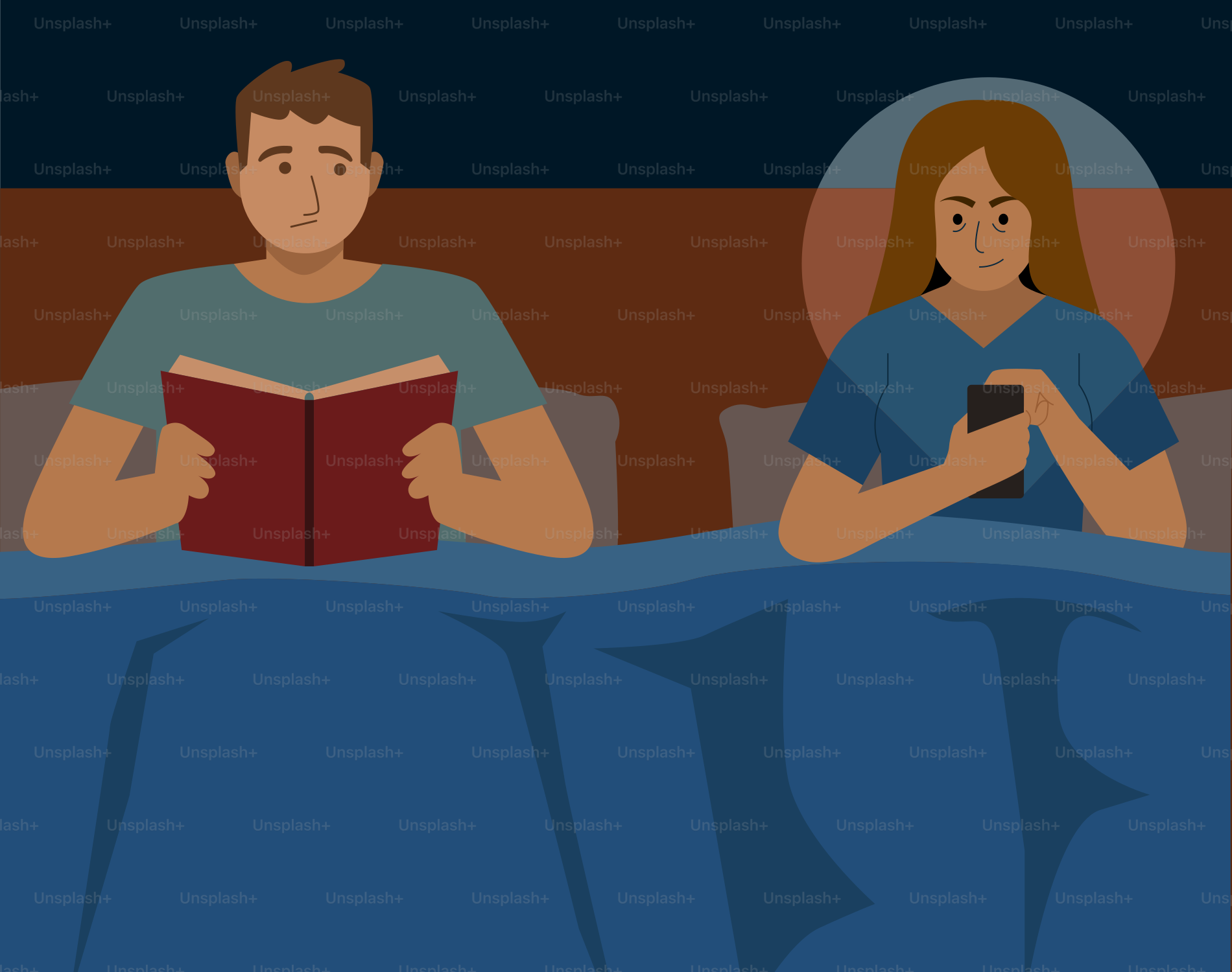 Um homem e uma mulher sentados na cama lendo um livro