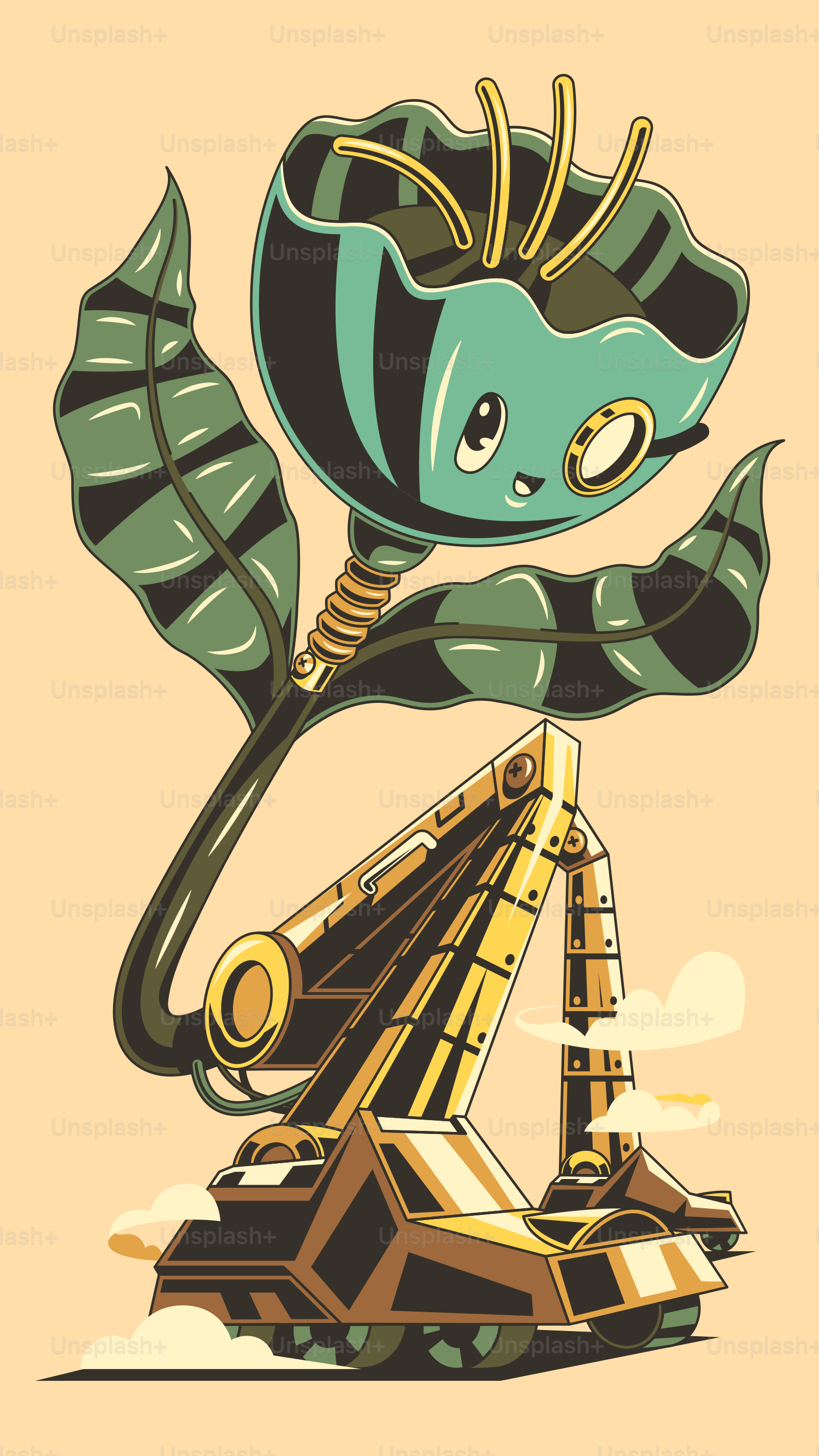 A cartoon of a robot holding a plant