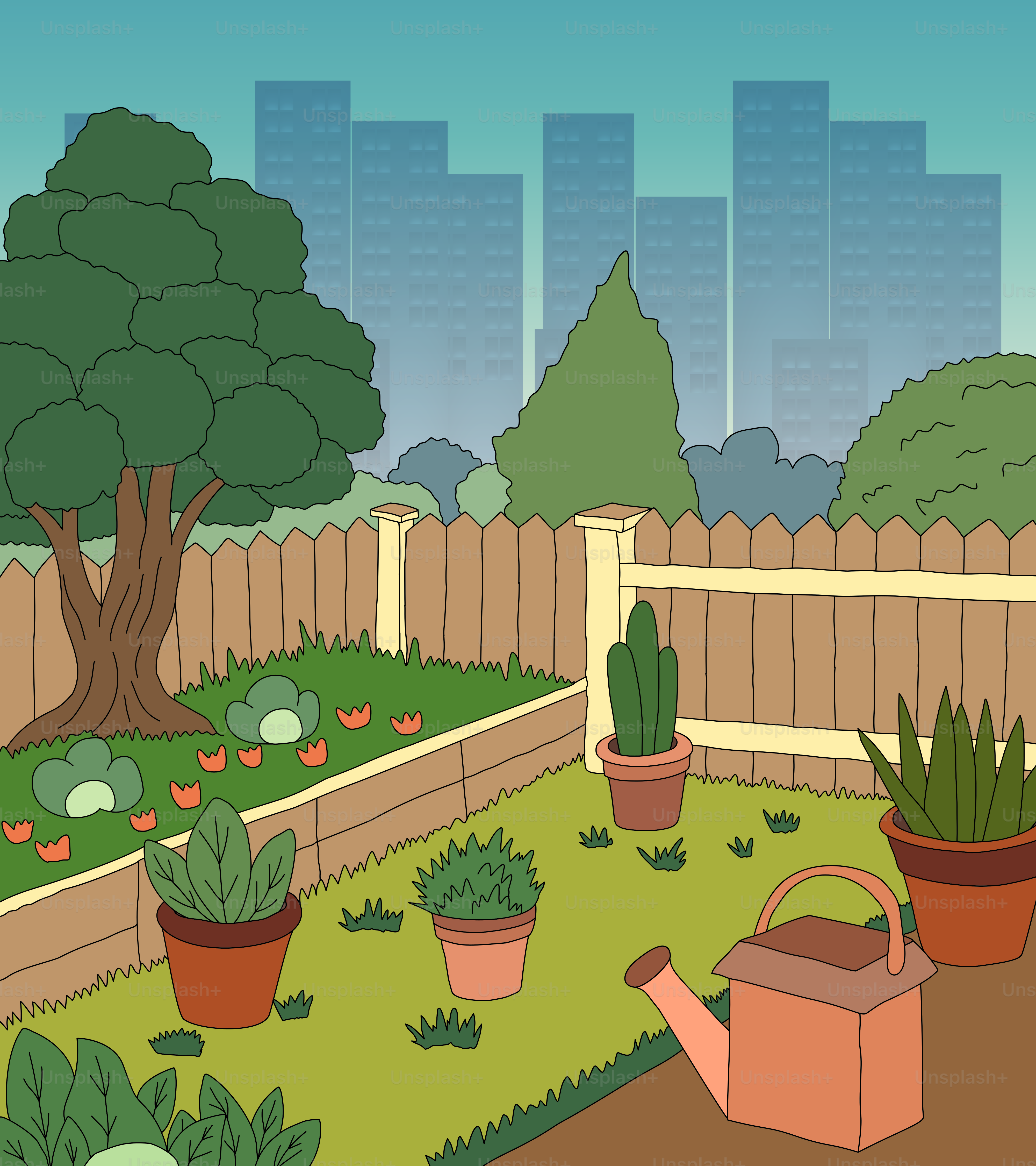 A small garden with potted plants and a watering can