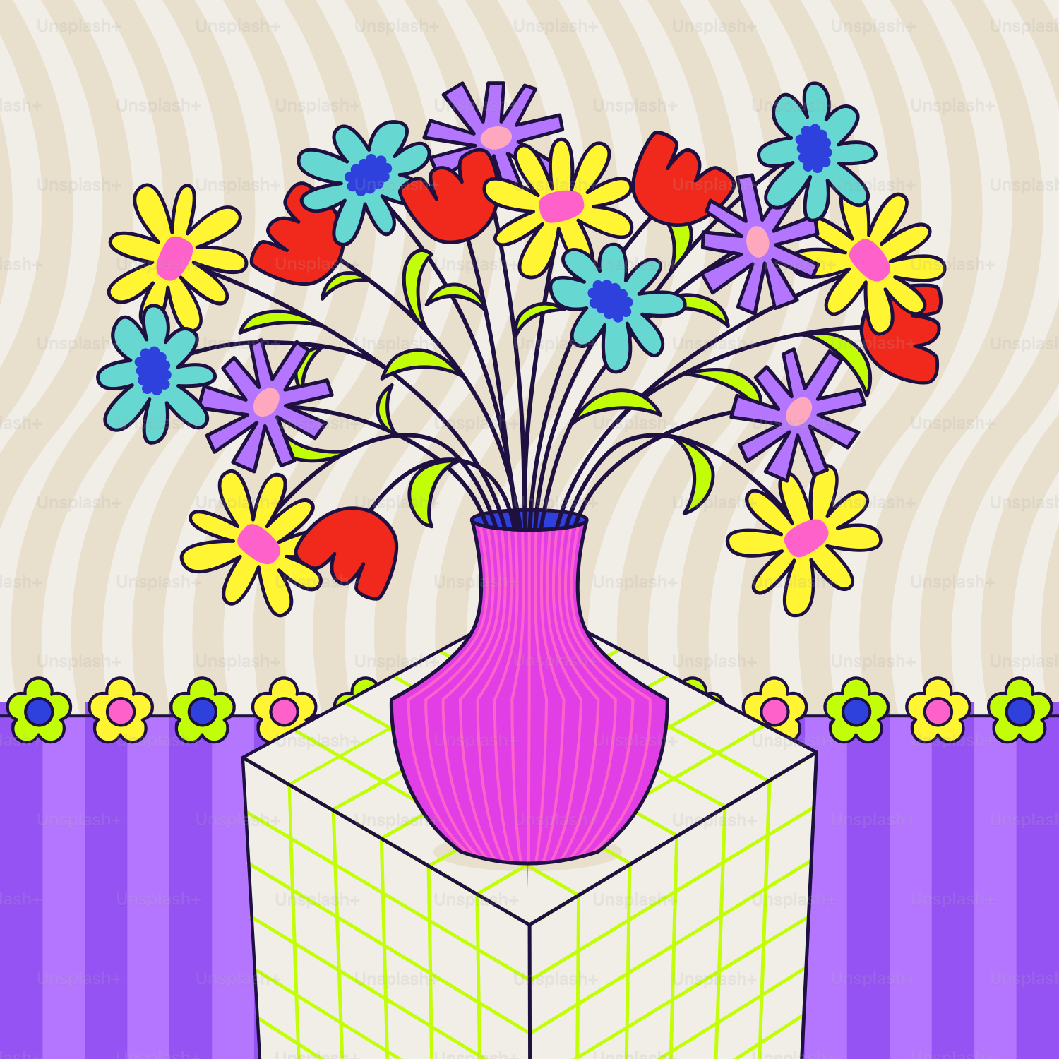 A pink vase filled with colorful flowers on top of a table