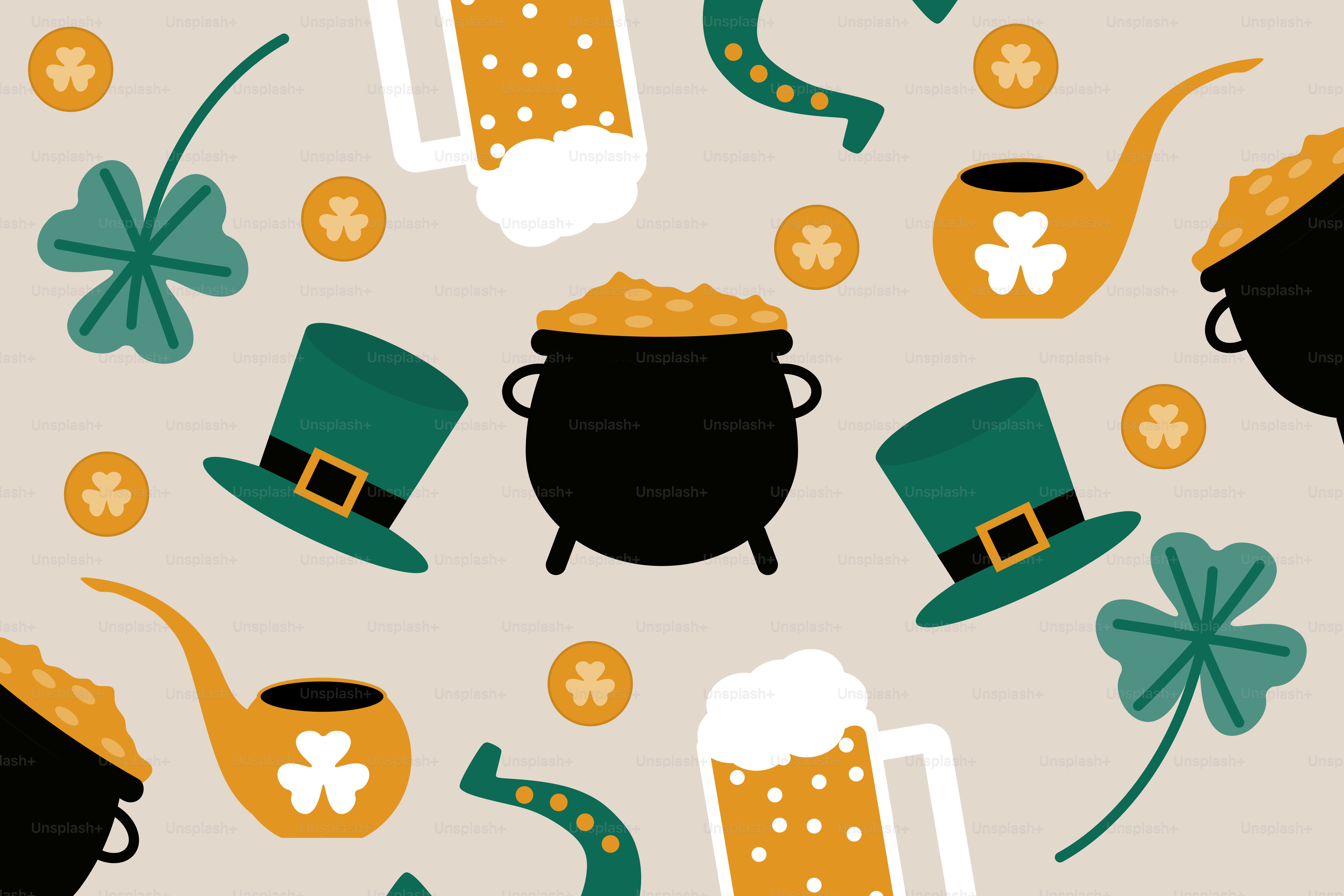 Un patrón del día de San Patricio con una olla de monedas de oro y un verde