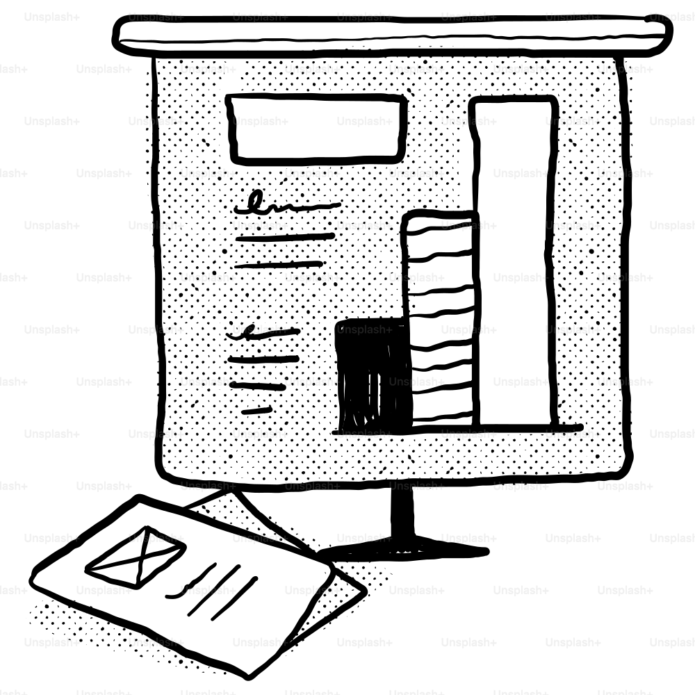 A drawing of a computer monitor with a keyboard on it