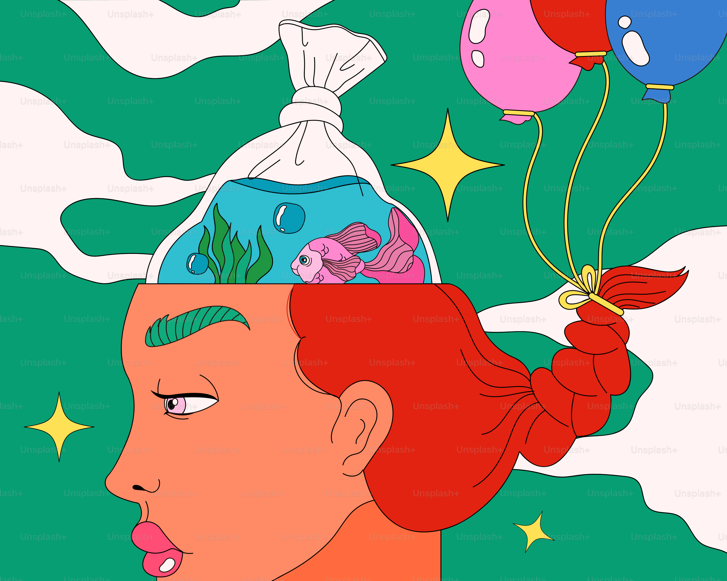 Une femme avec des ballons sur la tête