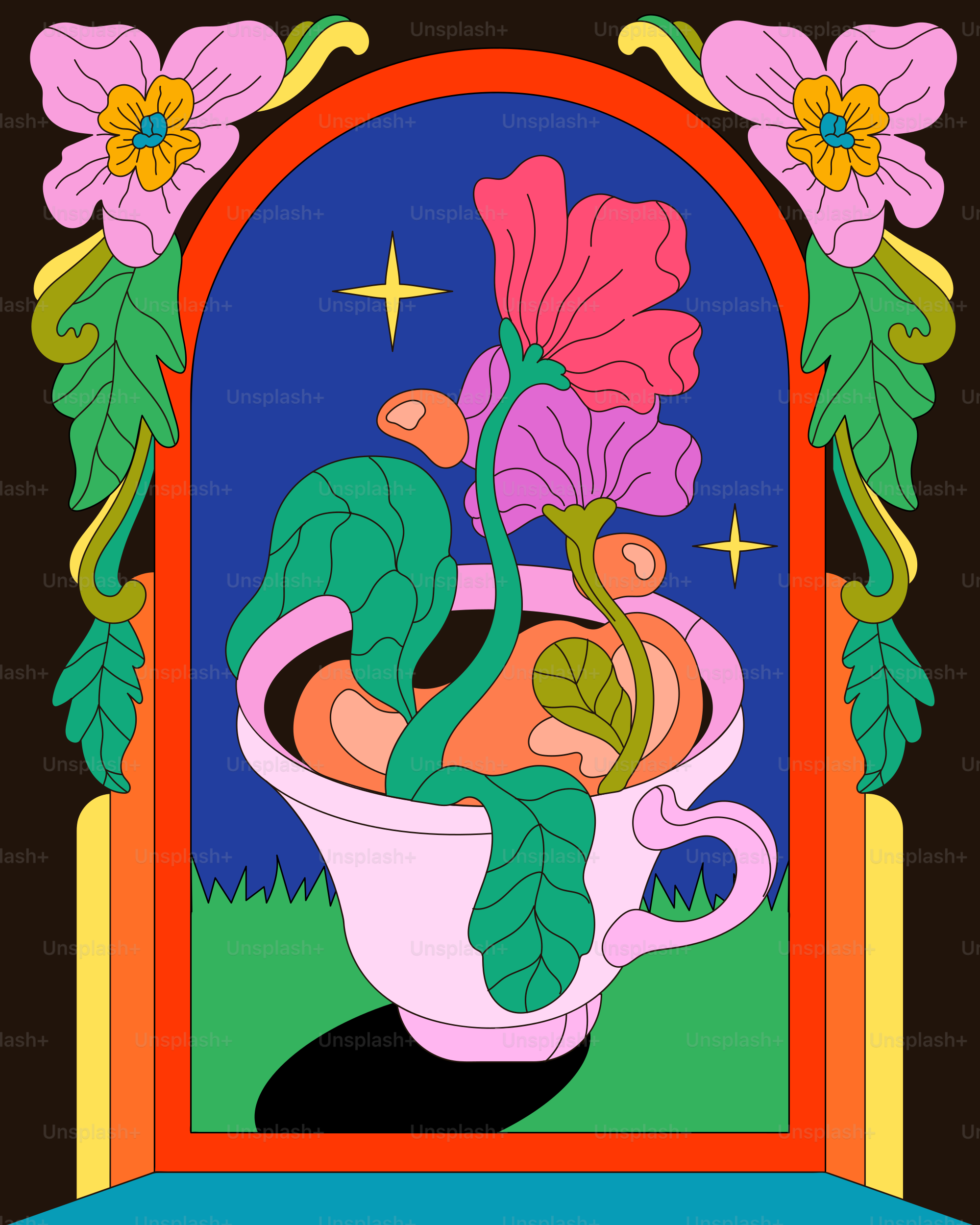A painting of a potted plant with flowers