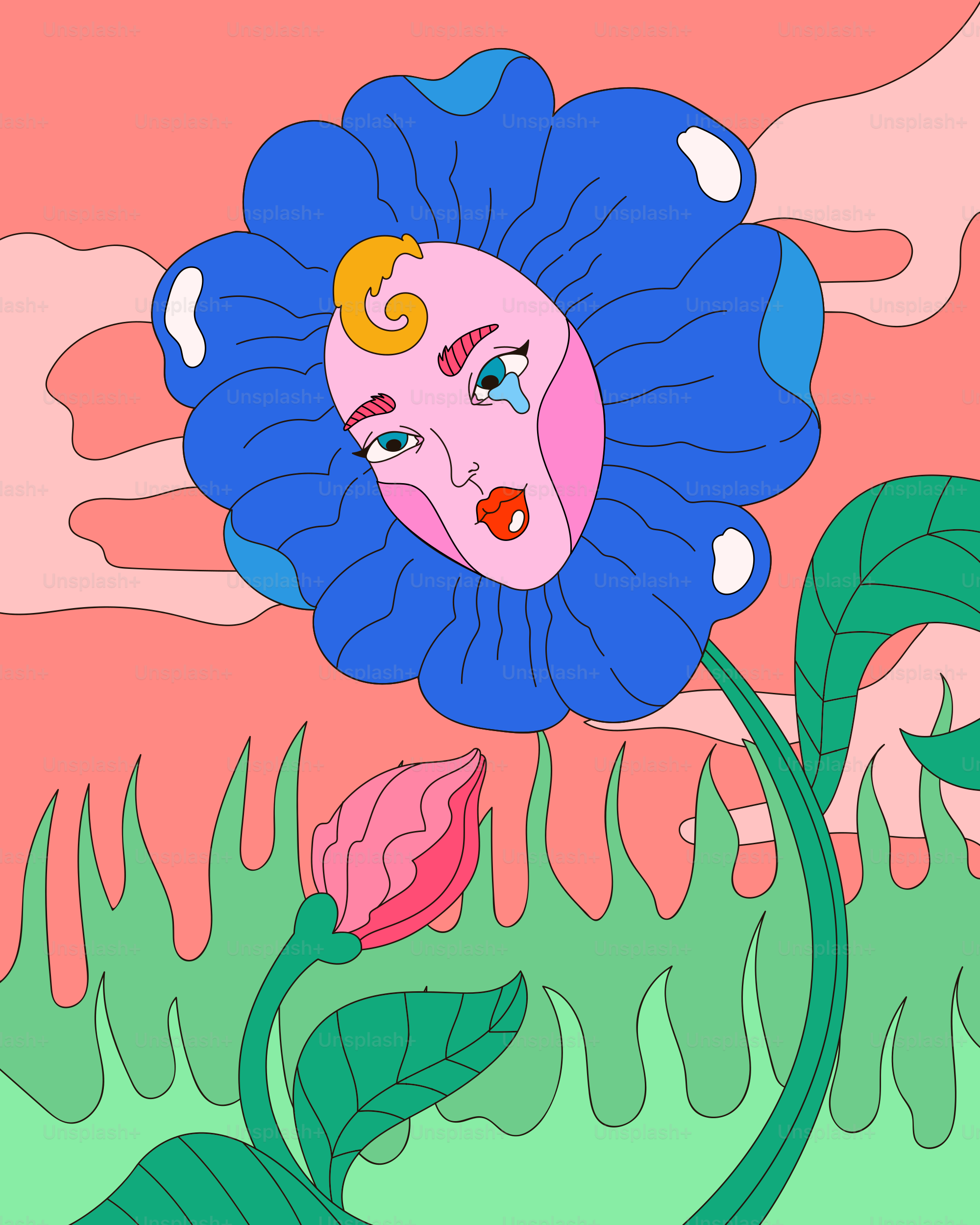 A painting of a blue flower with a face on it