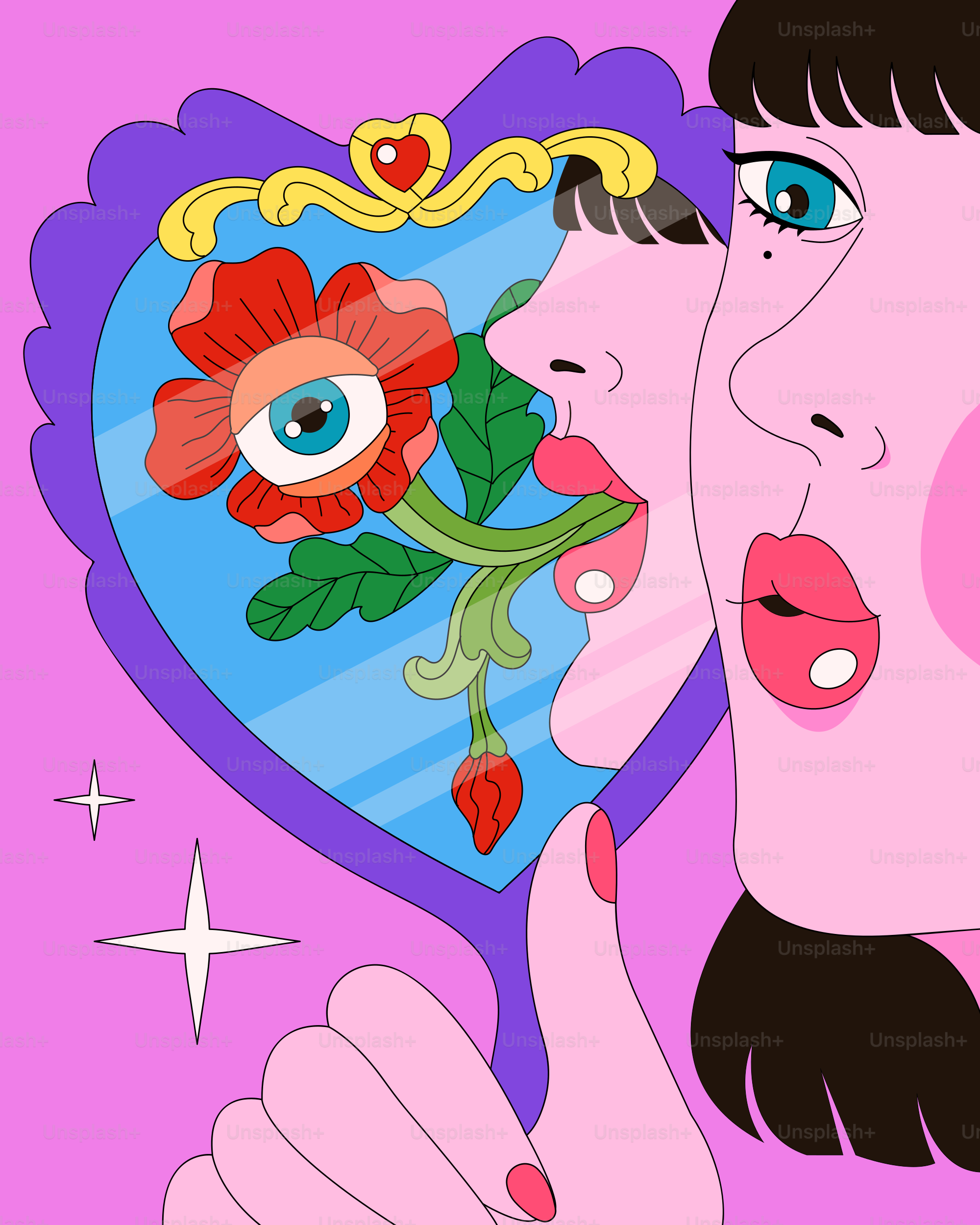 A woman holding a heart shaped mirror with flowers on it