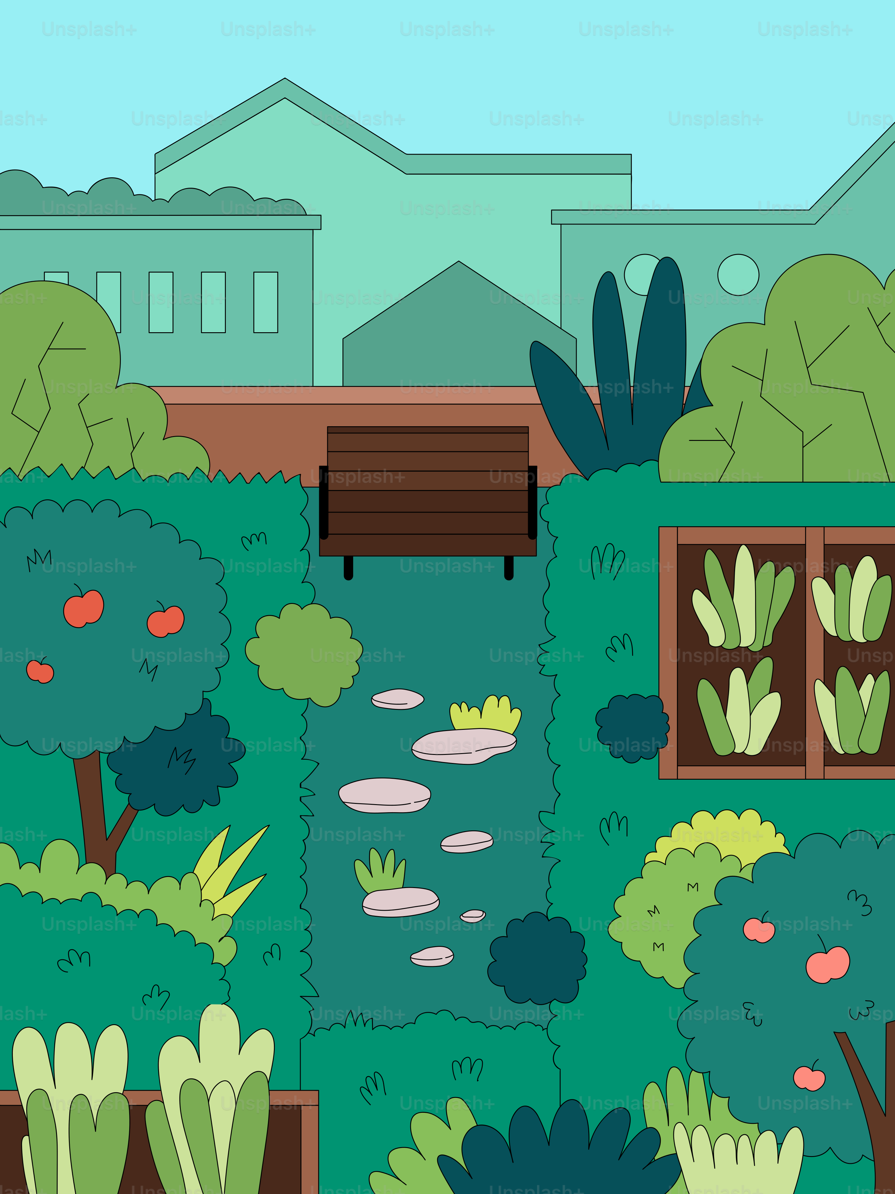 A cartoon of a garden with trees and bushes