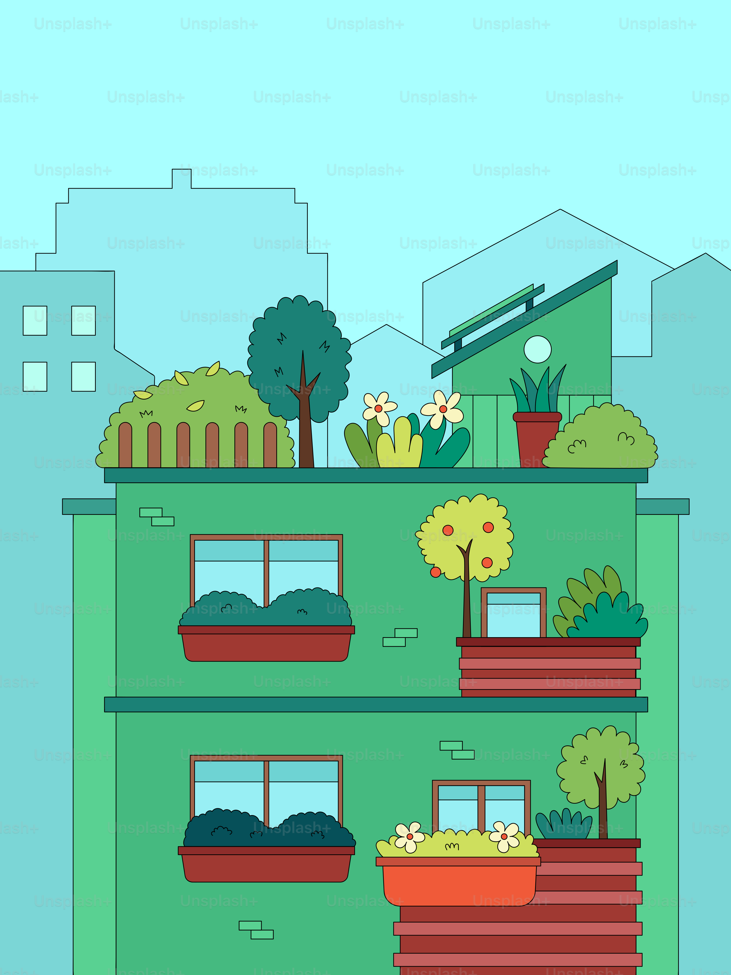 A tall building with plants on top of it