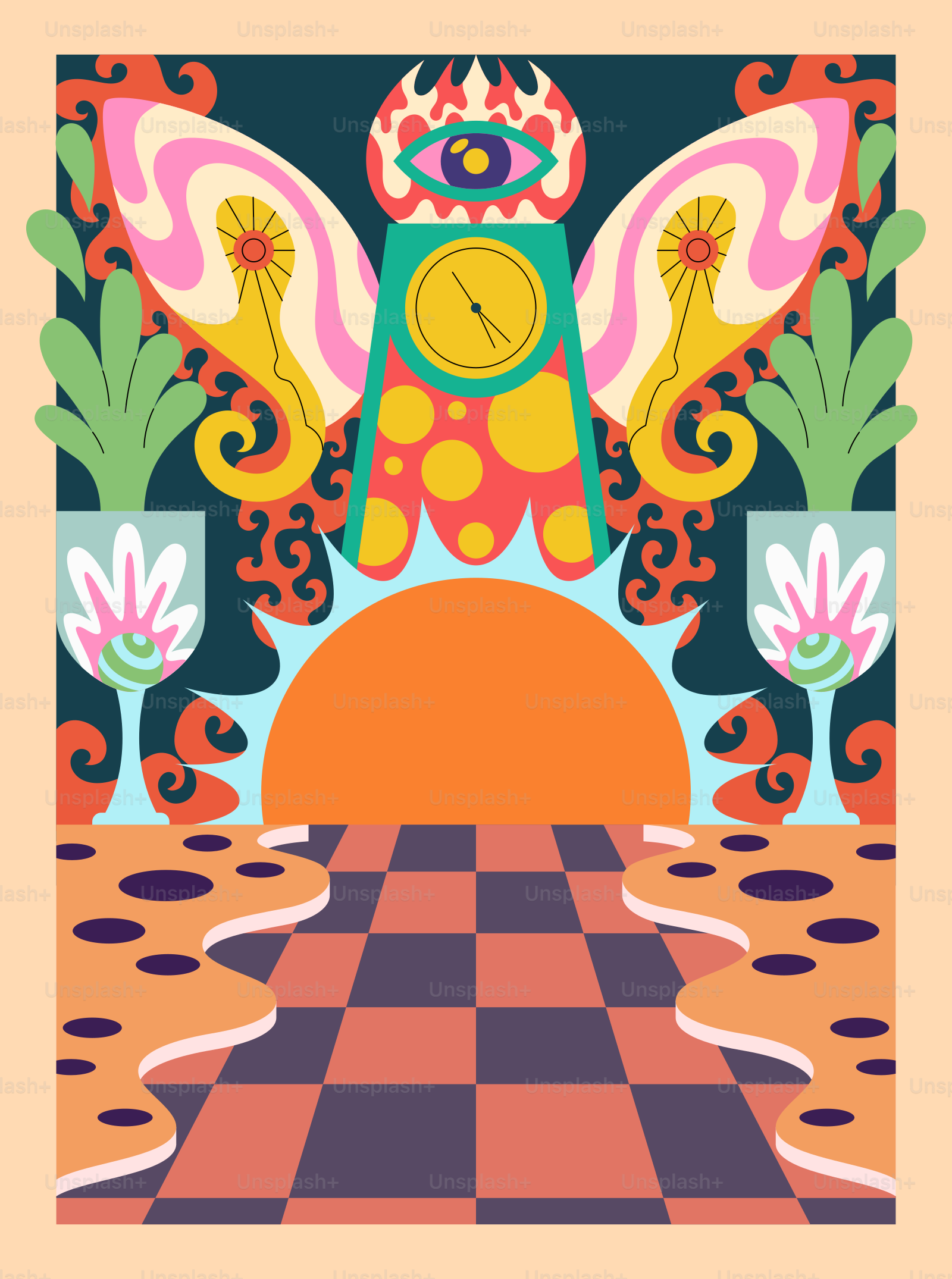 A painting of a clock in the middle of a room