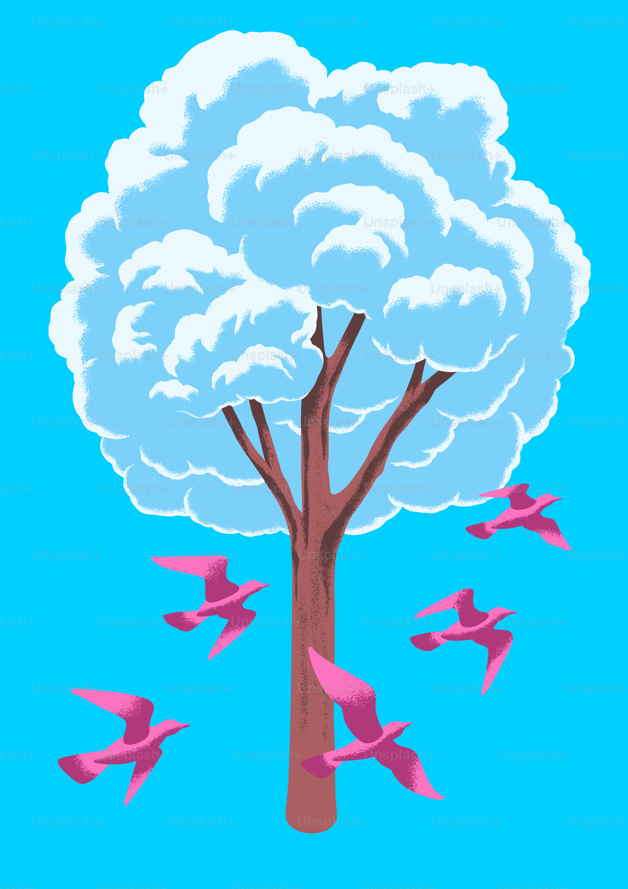 A group of birds flying around a tree