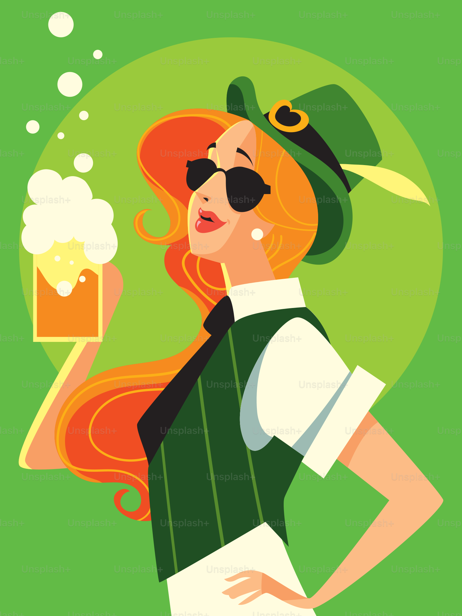 A woman in a green hat holding a beer