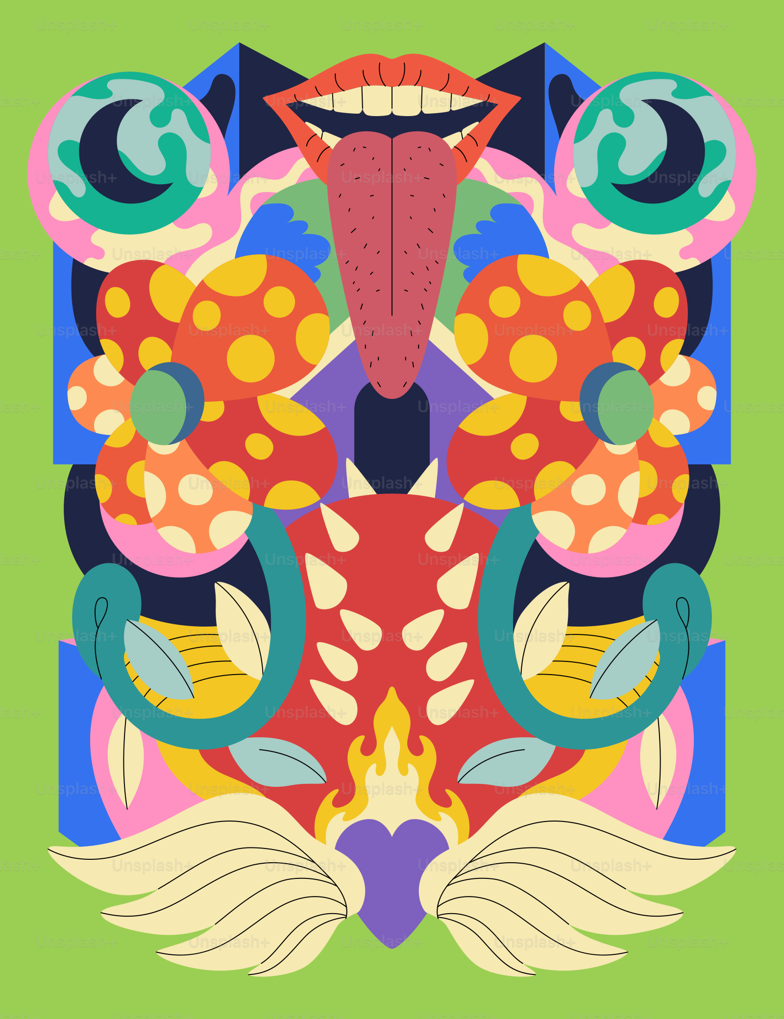 A green background with a colorful design on it