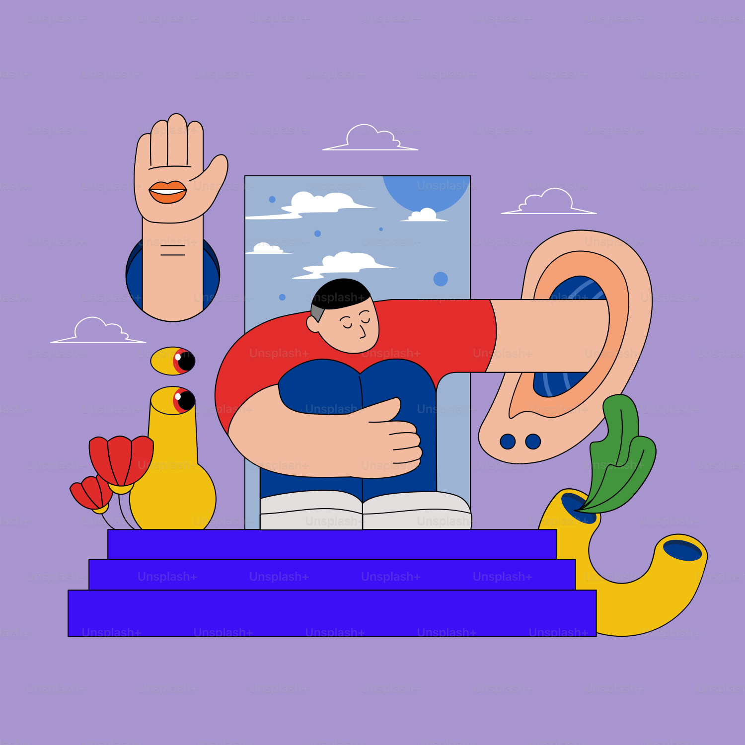 Un homme assis sur une pile de livres