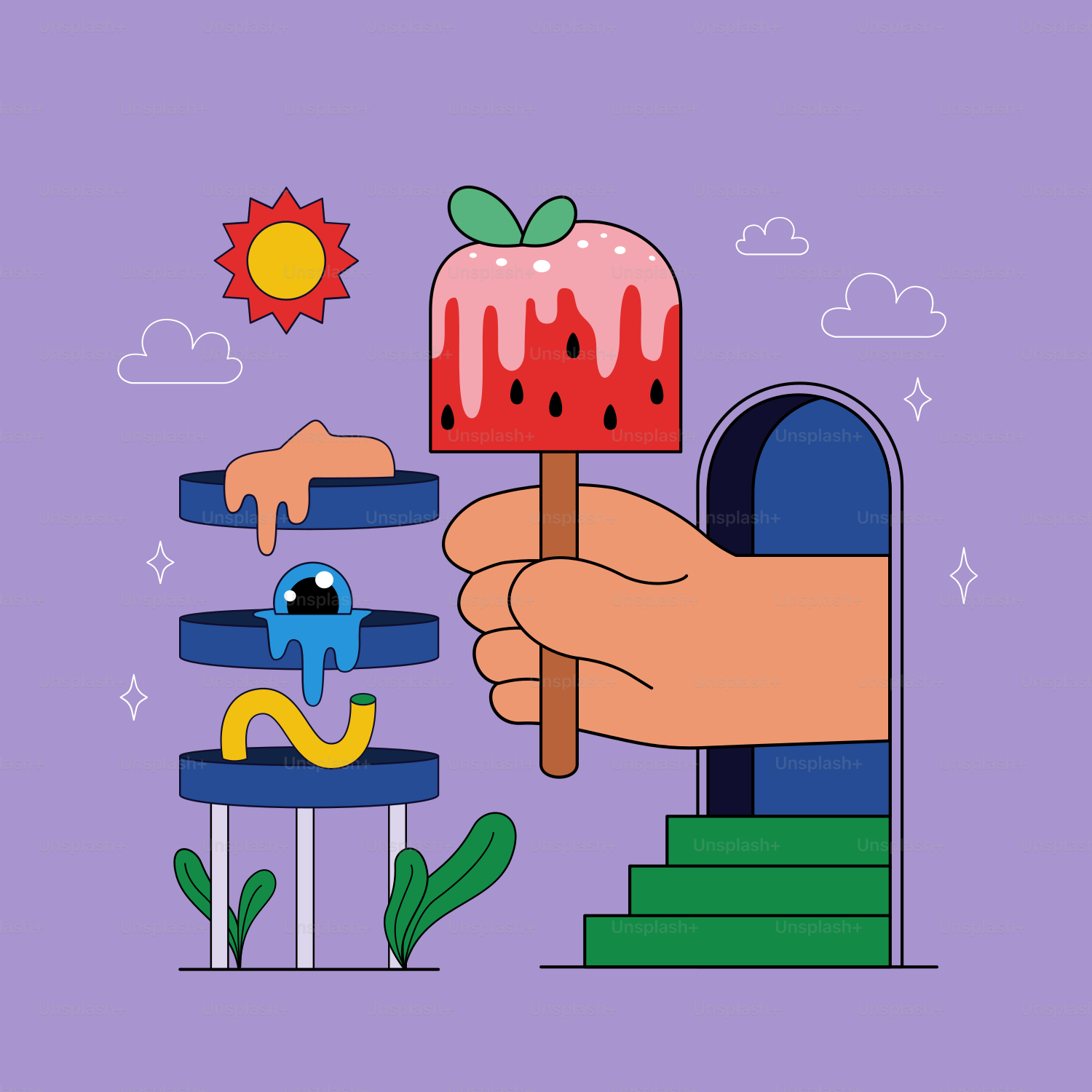 A hand holding a piece of cake on top of a purple background