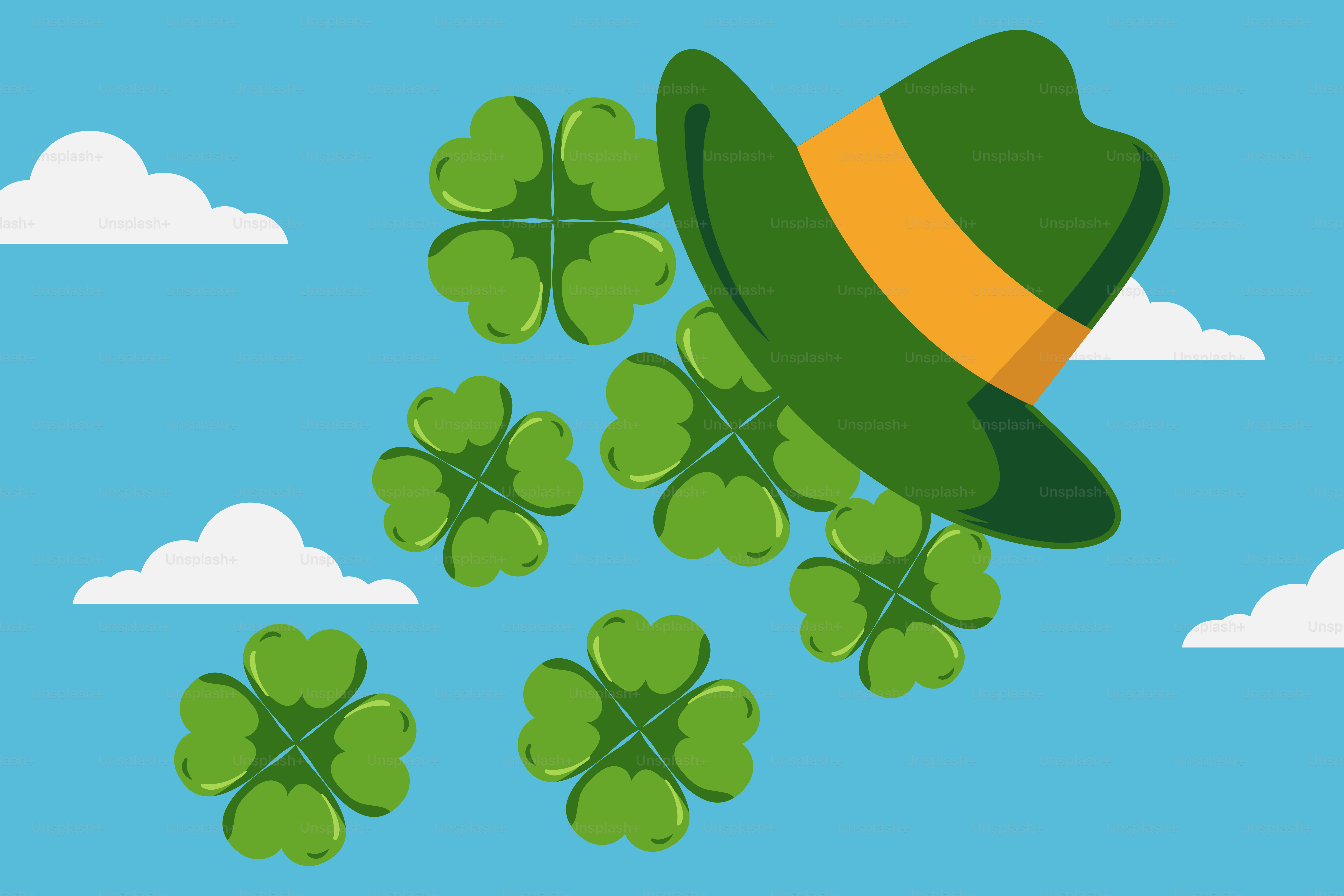 A green hat with four leaf clovers floating in the air