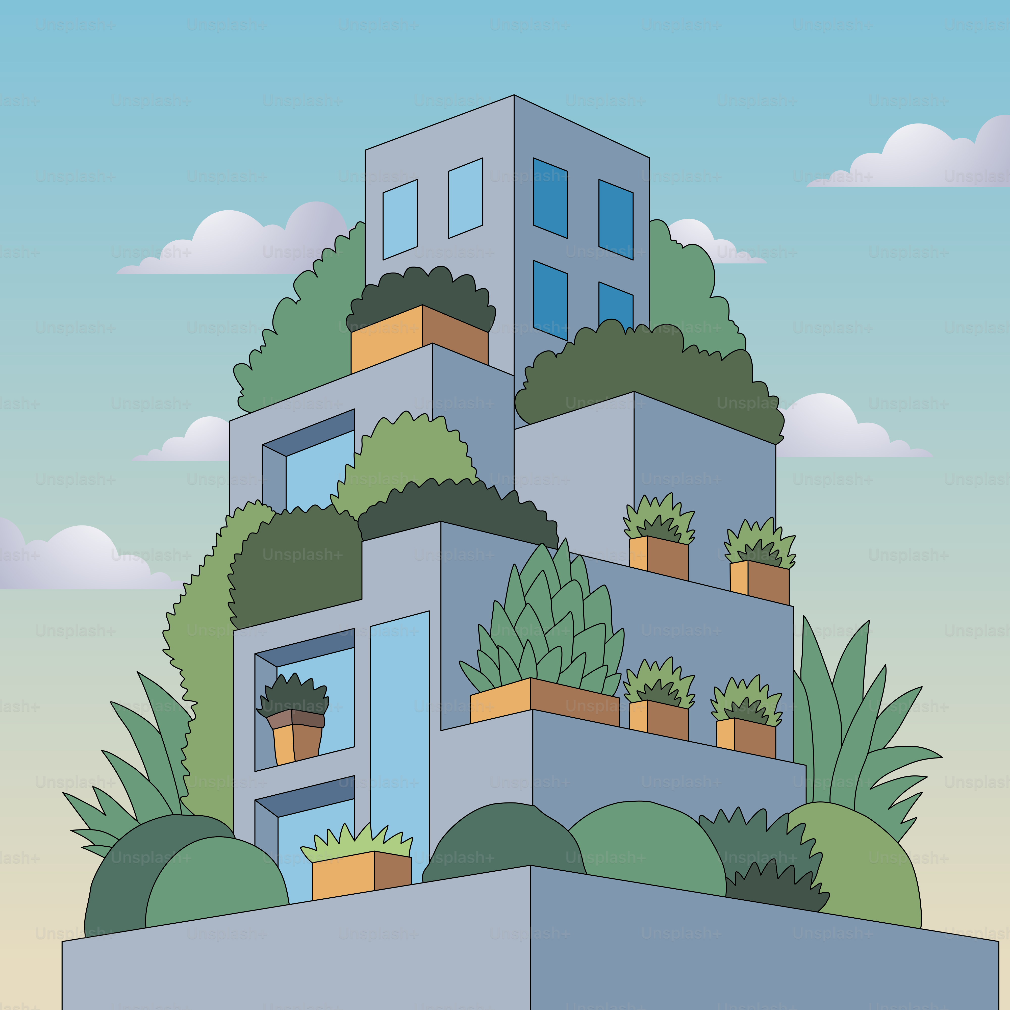 A tall building with plants on top of it