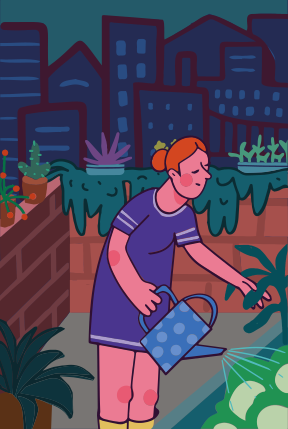 A woman watering plants in a garden at night