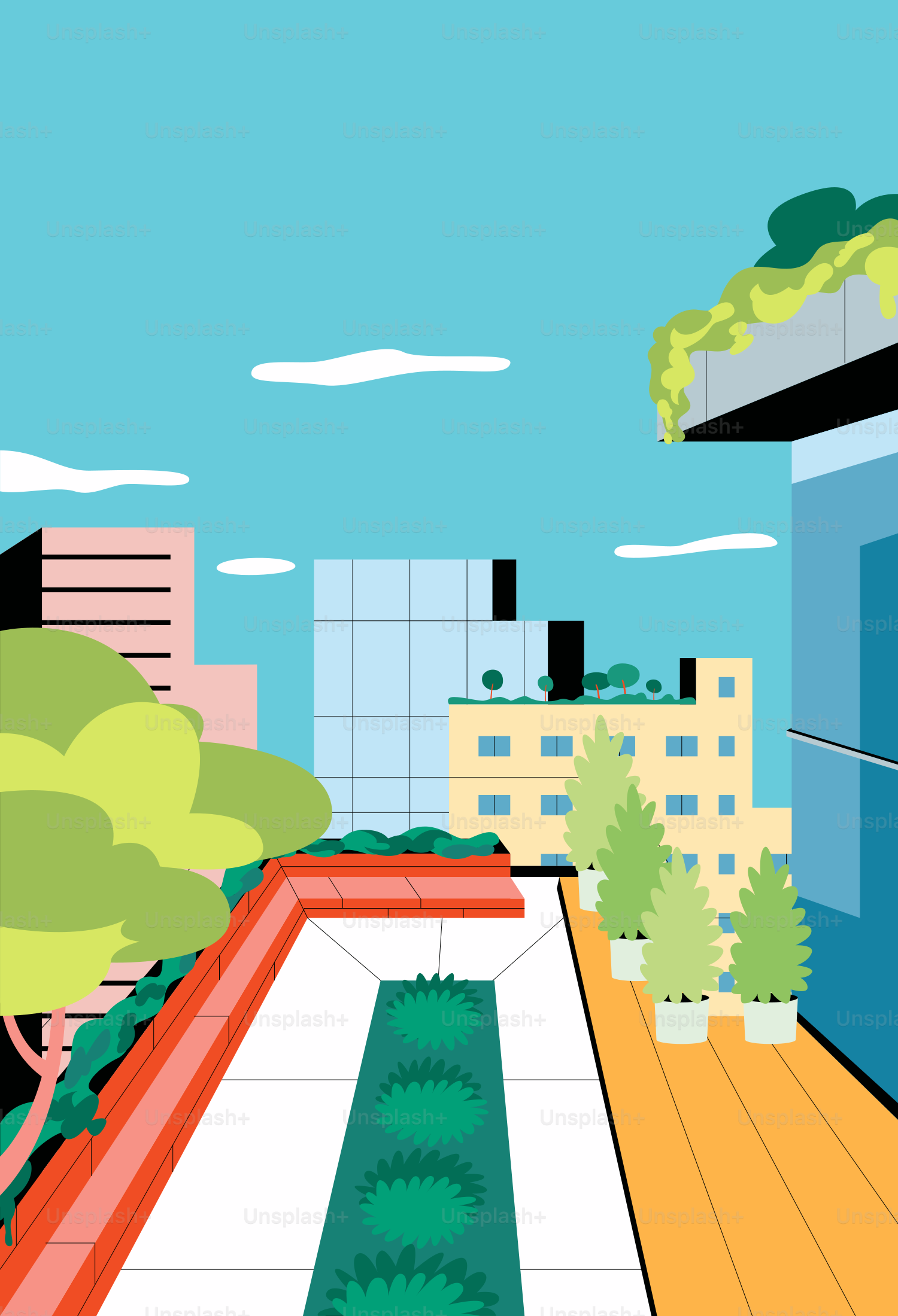 Une image de bande dessinée d’une ville avec des bâtiments et des arbres