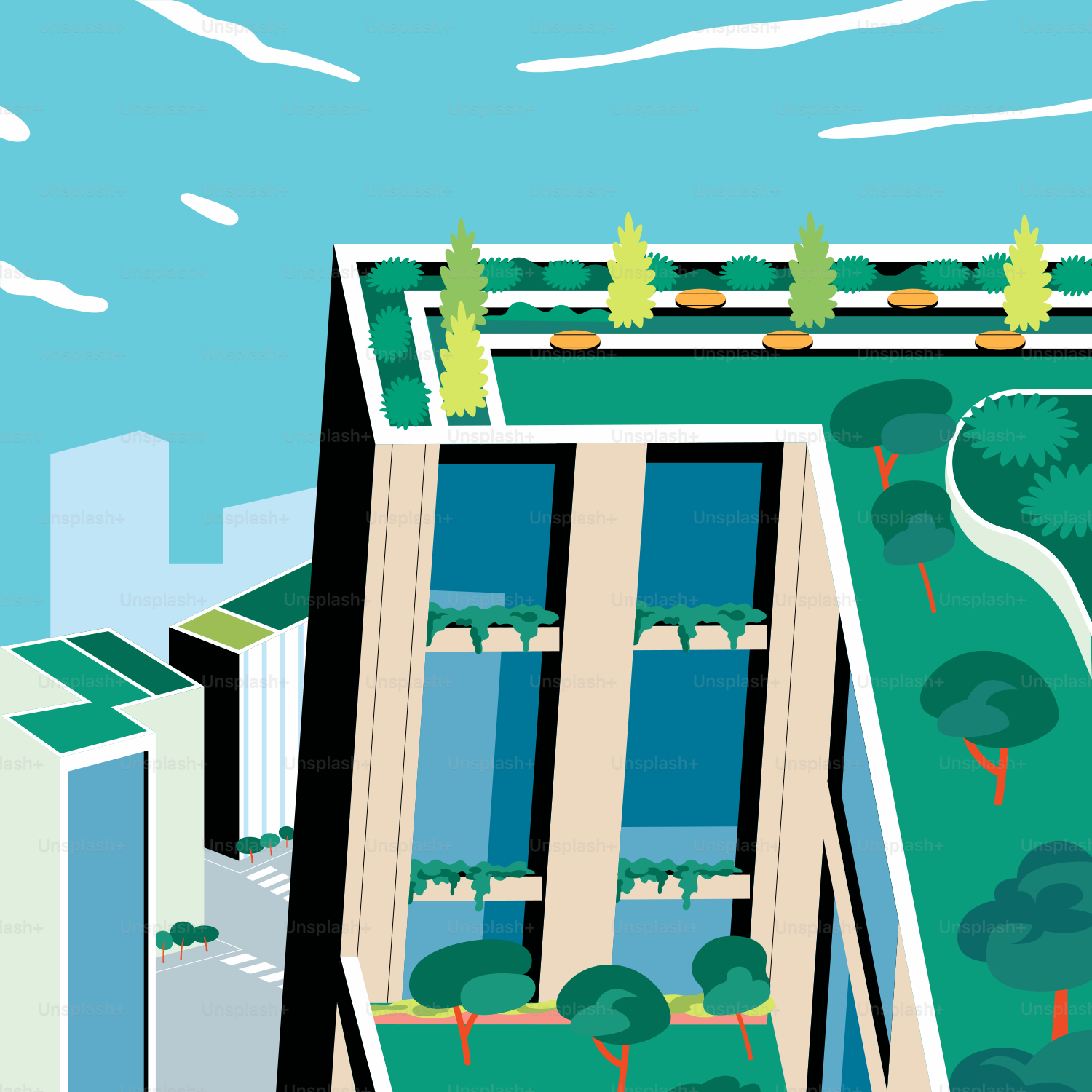 A drawing of a building with a lot of trees on top of it