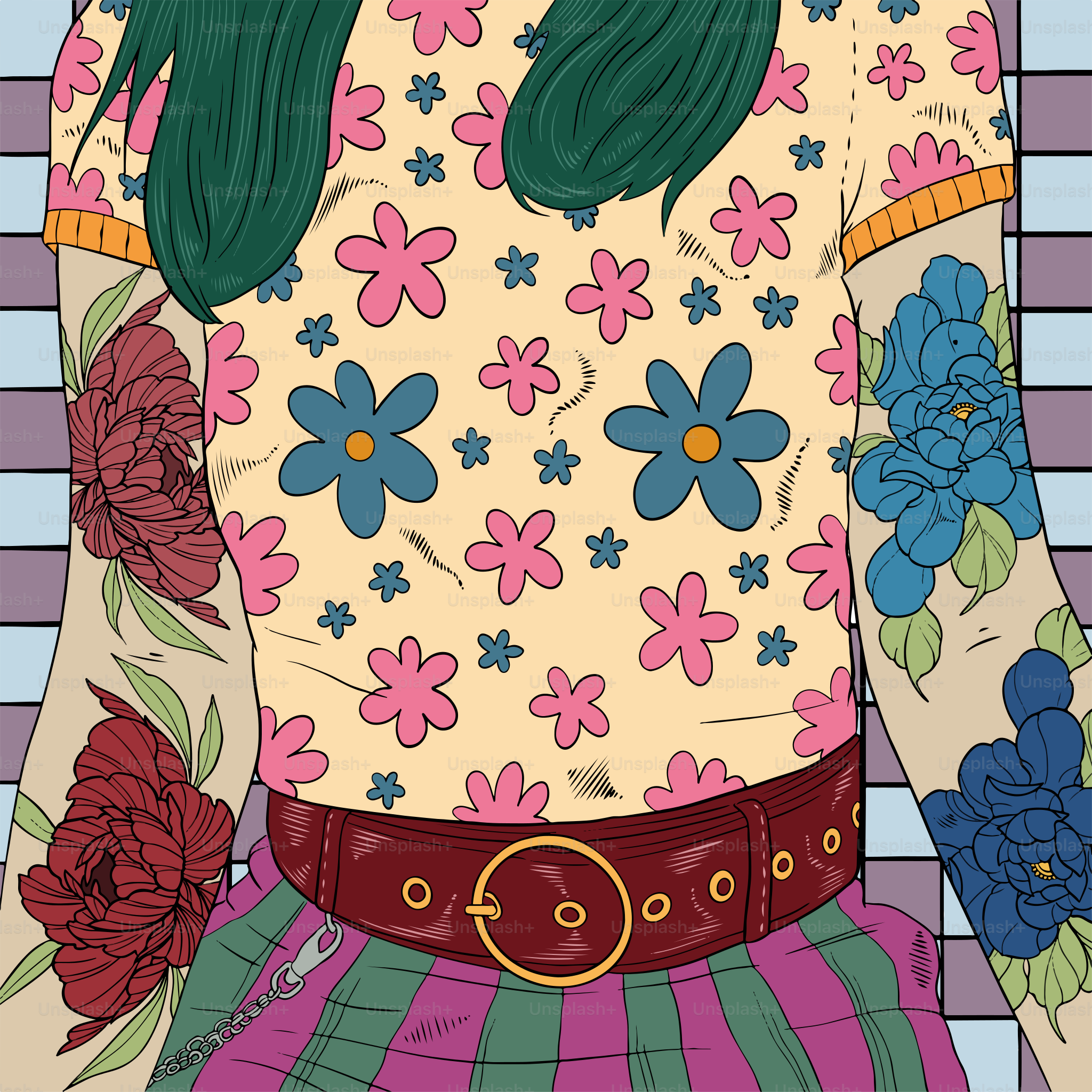 A drawing of a woman with green hair