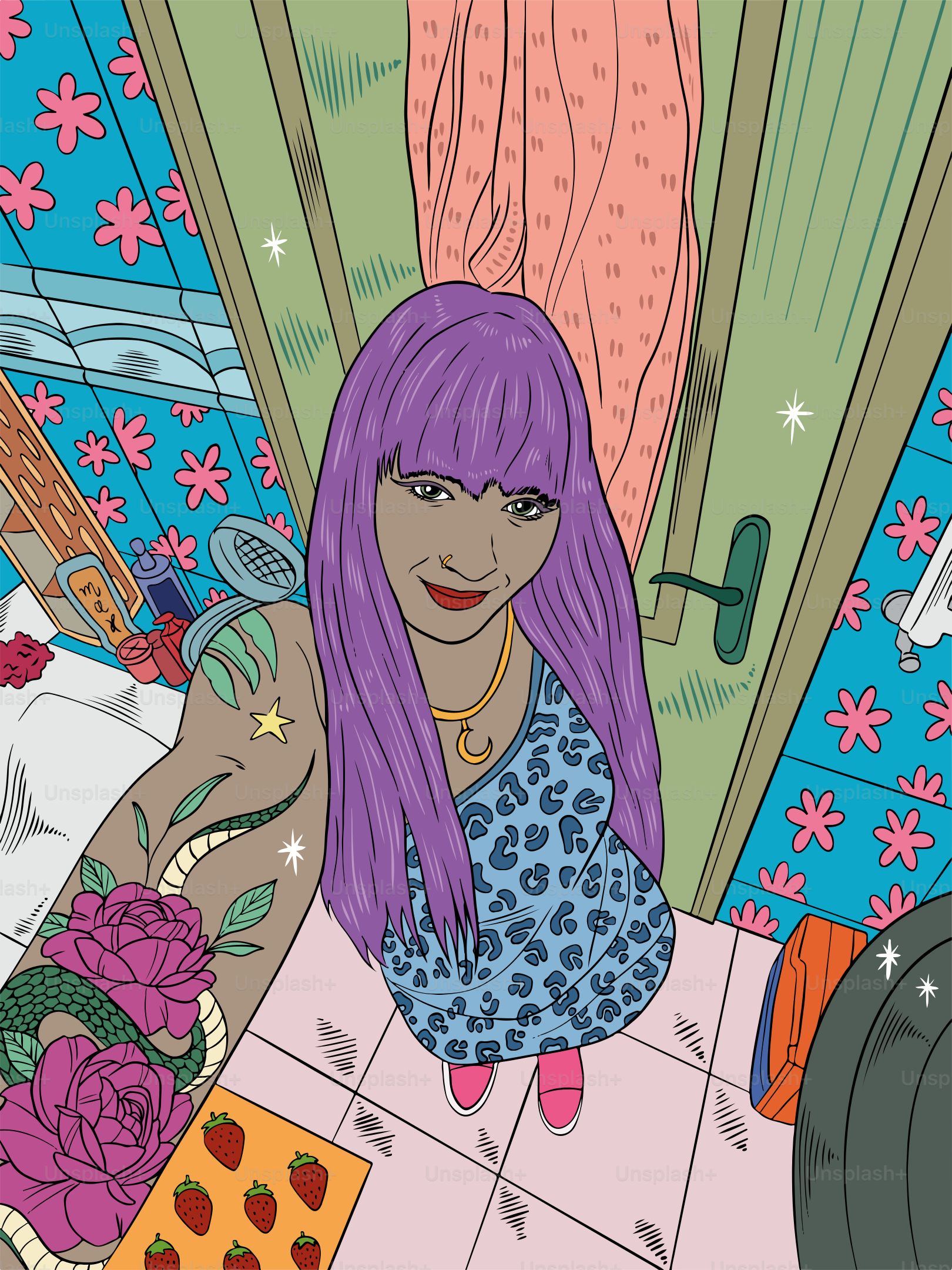 A drawing of a woman with purple hair