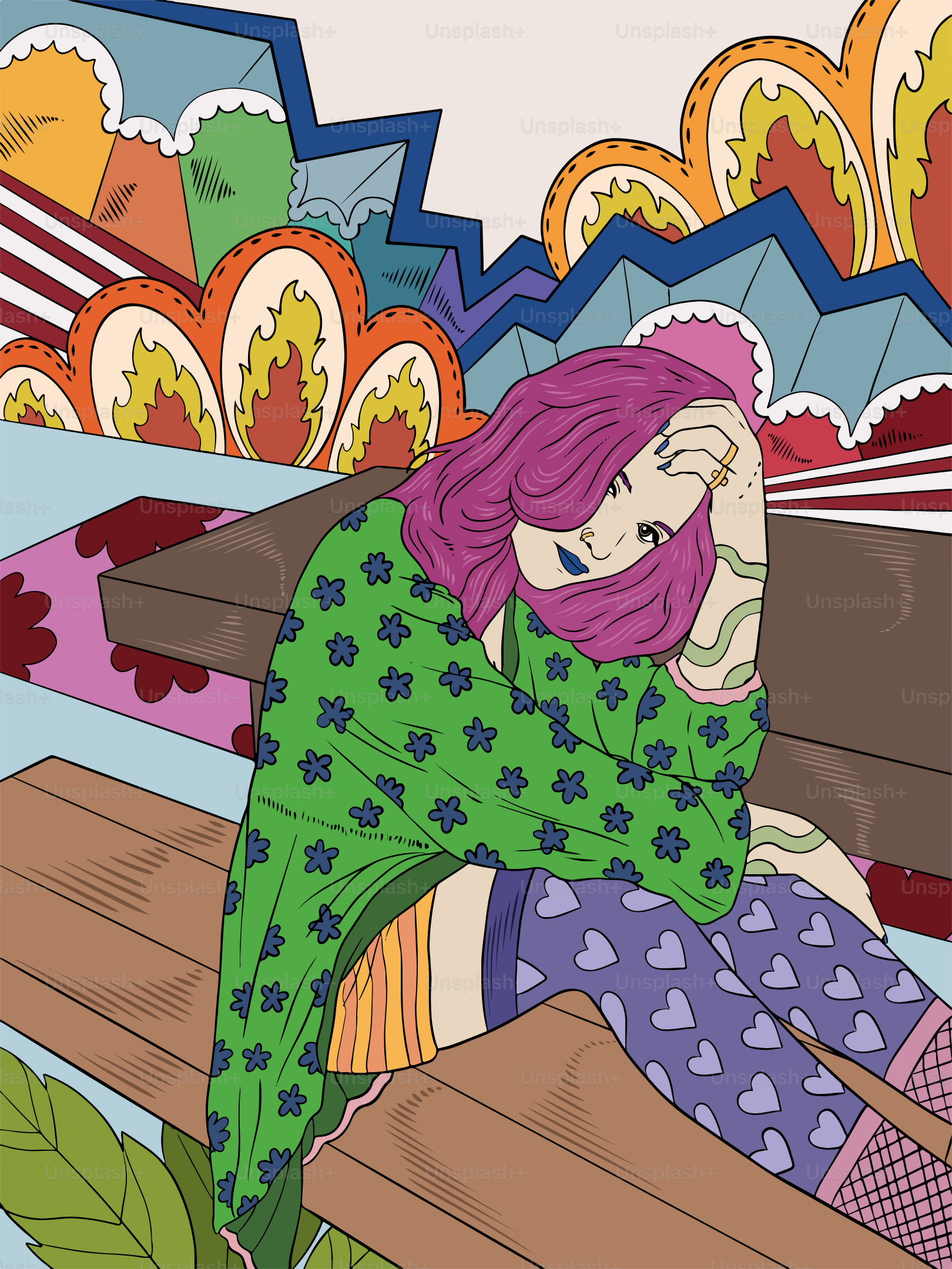 A drawing of a woman sitting on a bench