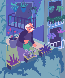 An old man watering plants in a house