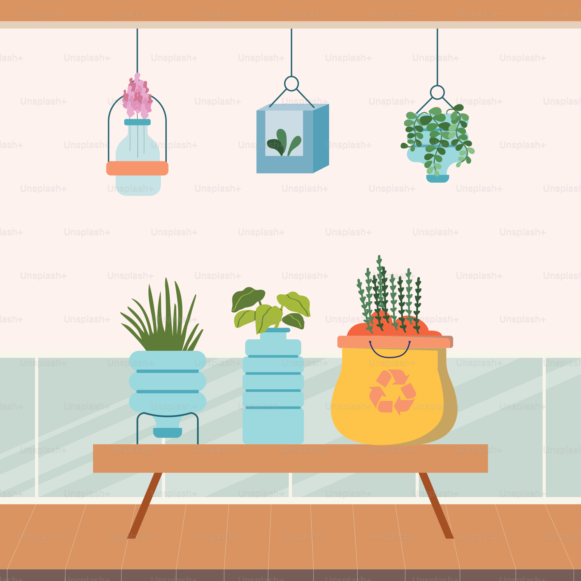 A room with plants and hanging plants on the wall
