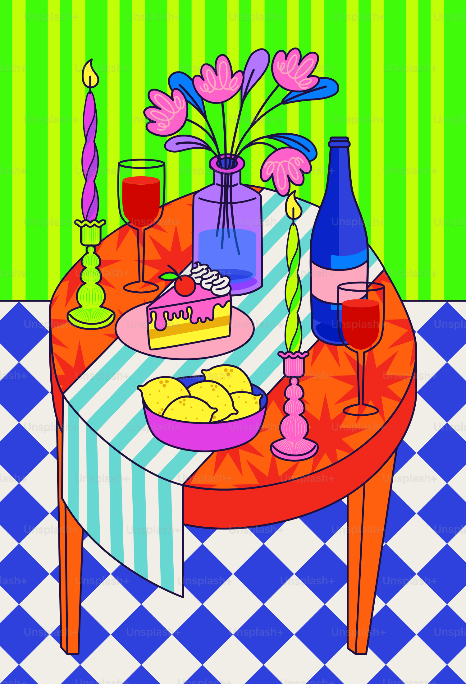 Ein Tisch mit einem Kuchen und einer Vase mit Blumen
