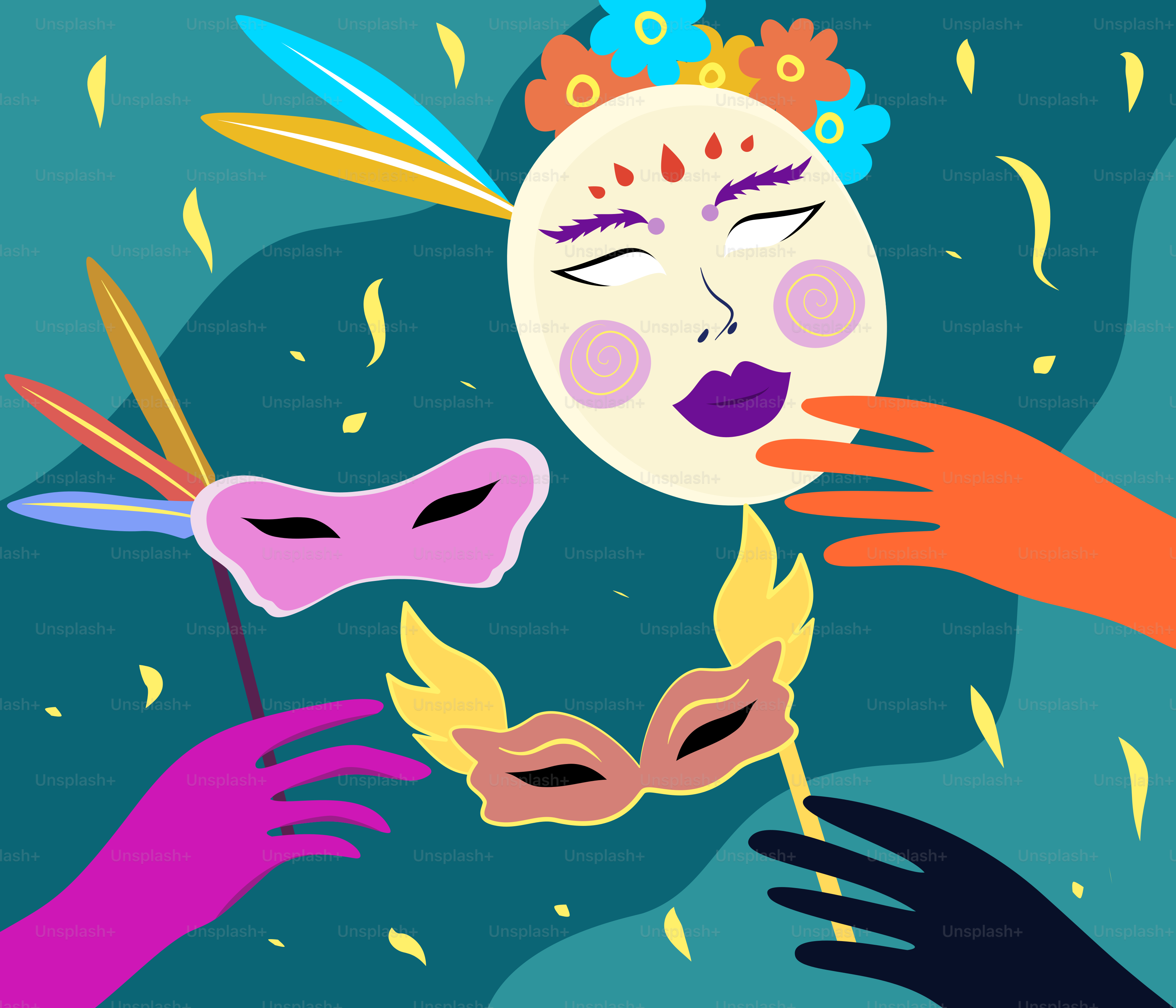 Two hands reaching for a mask on top of another hand