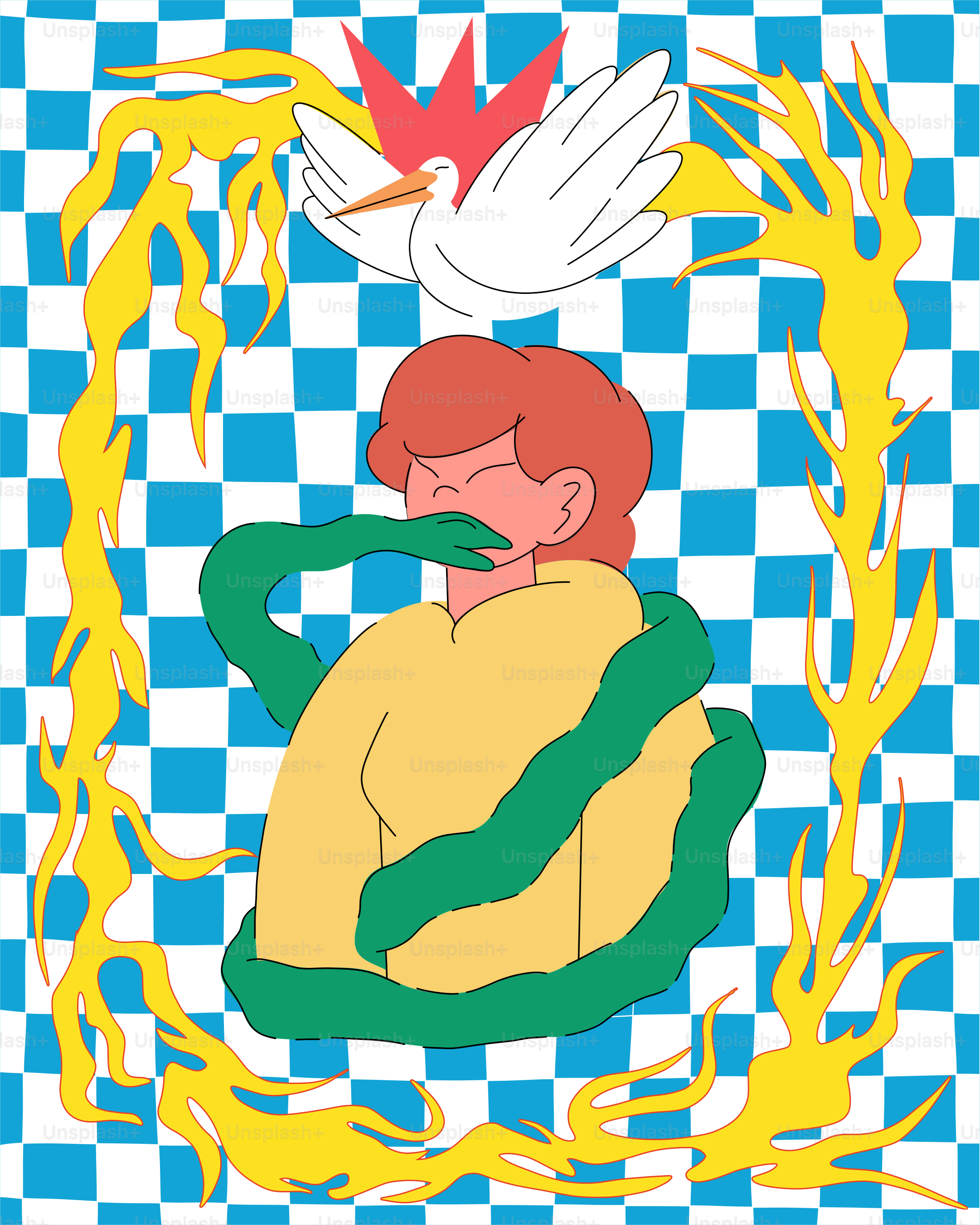 A person sitting in front of a blue and yellow checkered background