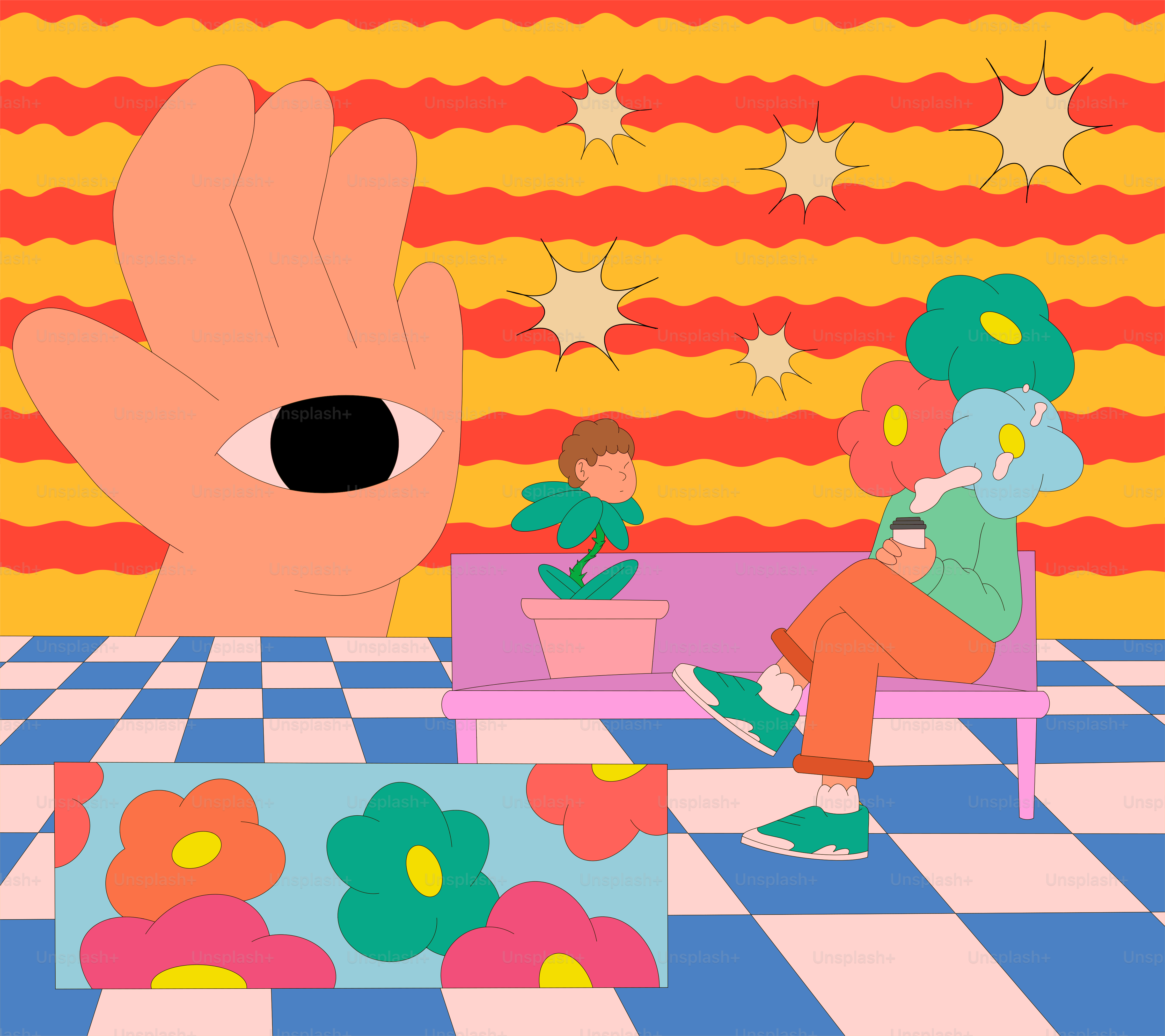 A person sitting on a chair in front of a painting