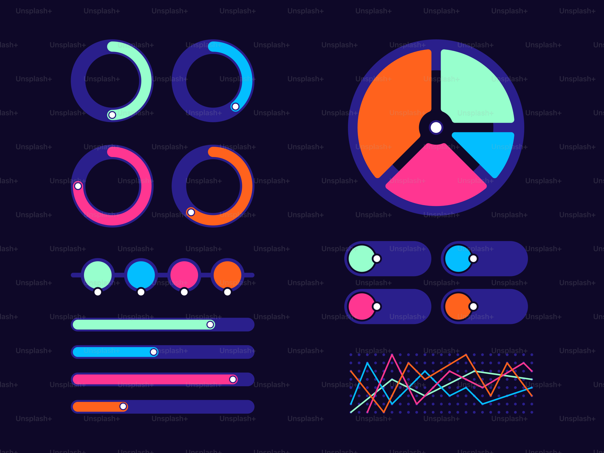 A bunch of different shapes and sizes on a dark background