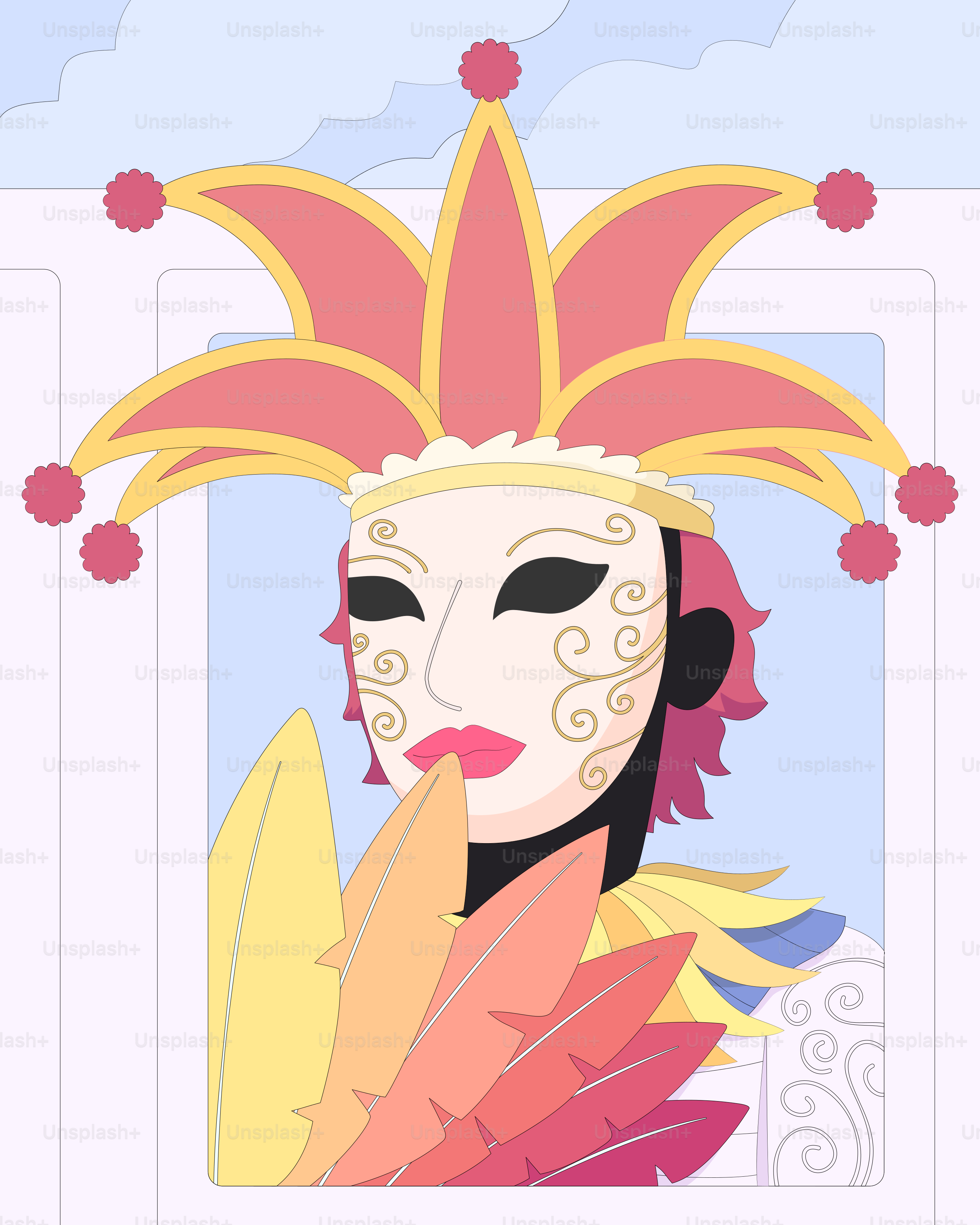 A woman wearing a mask with feathers on her head